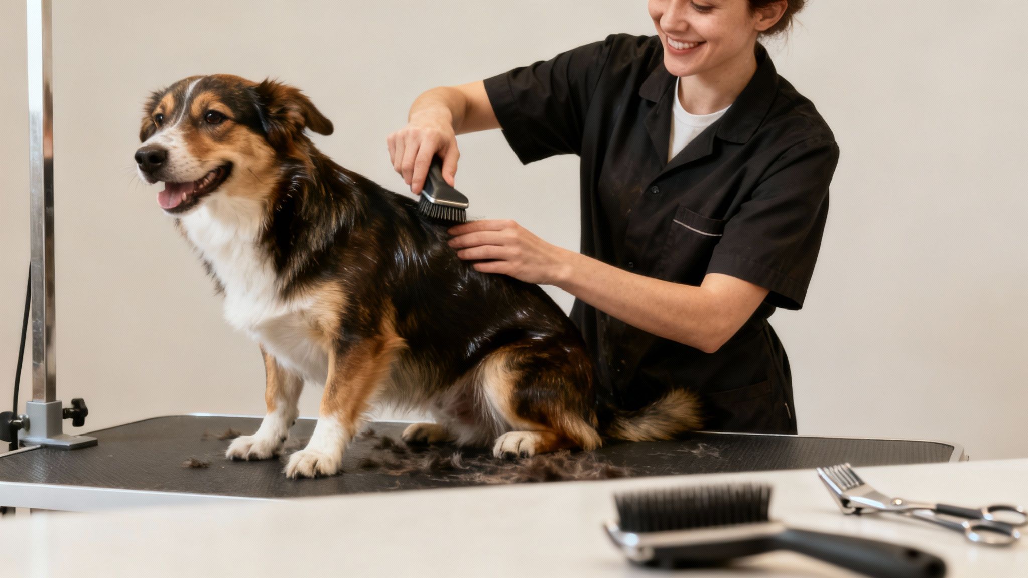 A smiling woman brushes the fur of a happy brown, black, and white dog on a grooming table.