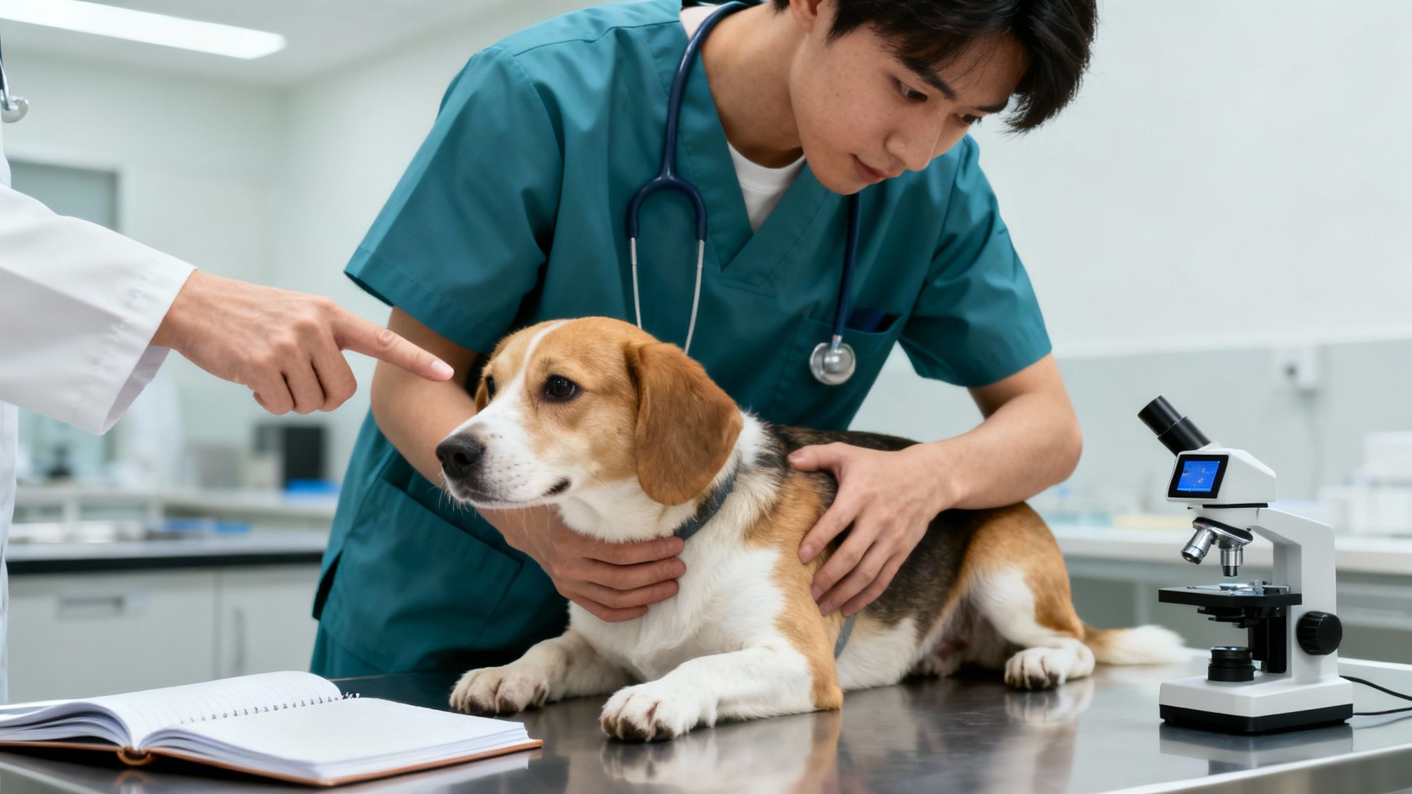 Two veterinarians examining a beagle dog on a table in a clinic, with a microscope nearby.