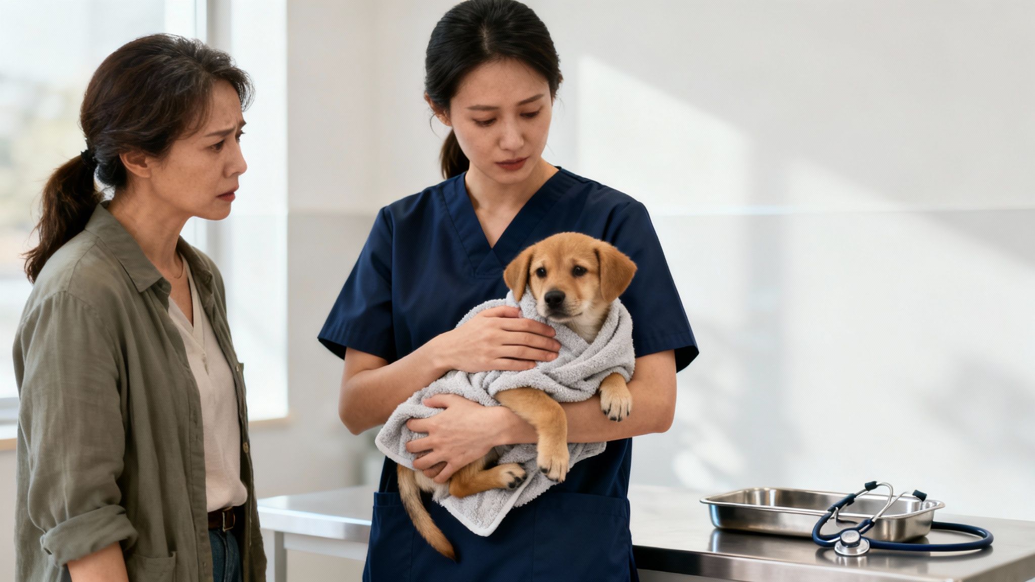 A concerned pet owner watches as a vet assistant holds a cute puppy wrapped in a towel.