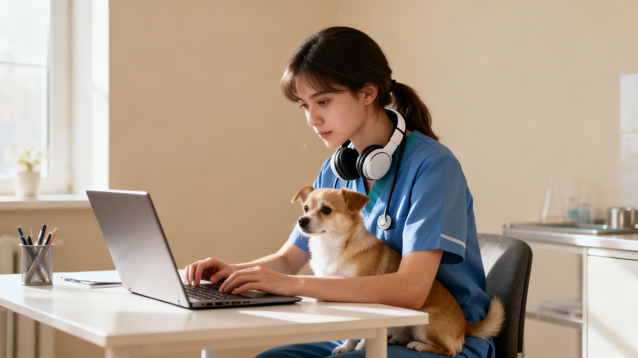 A female veterinary student in blue scrubs with a dog on her lap types on a laptop.
