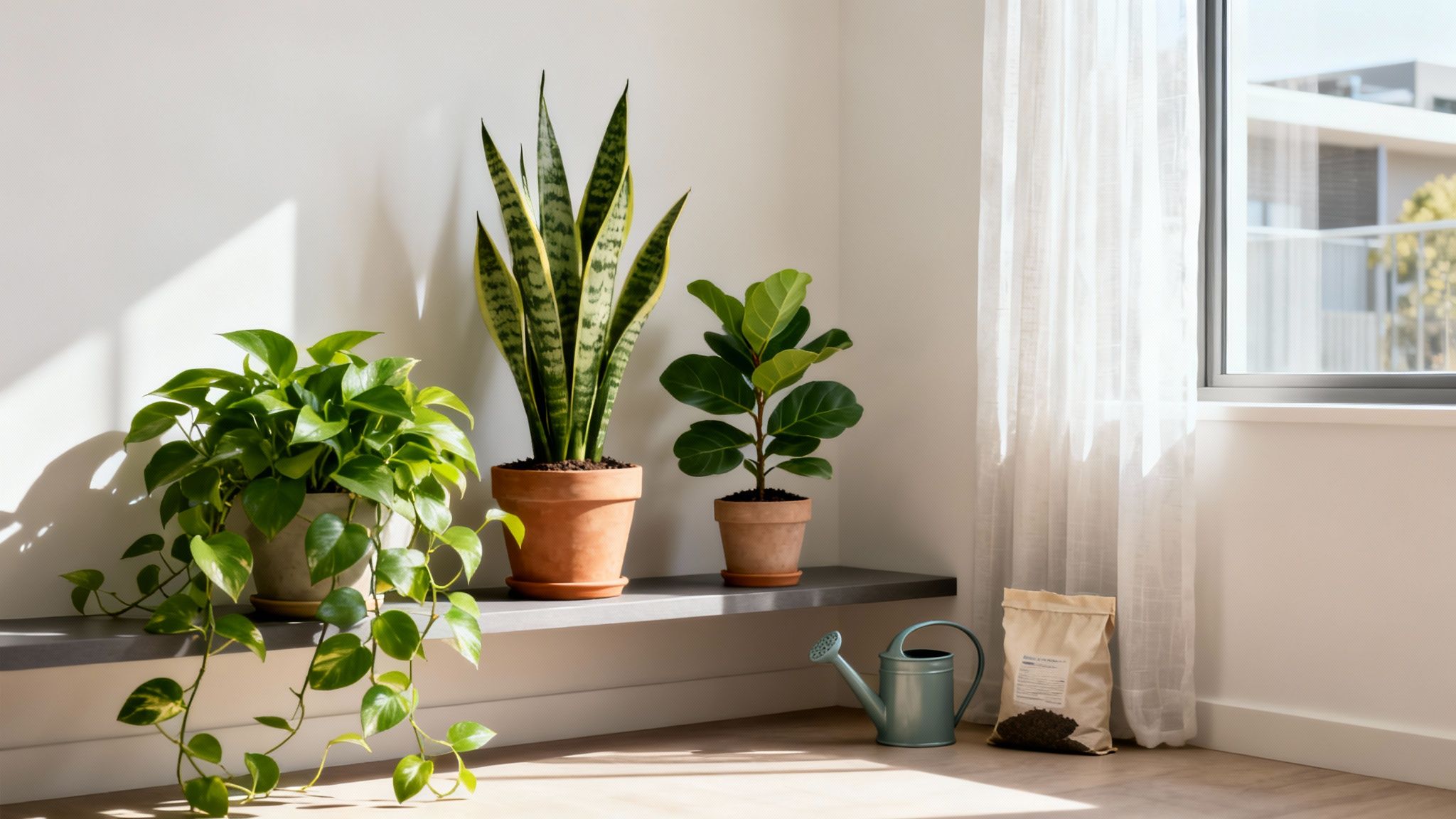 Three potted indoor plants, a watering can, and soil bag by a sunlit window with sheer curtains.