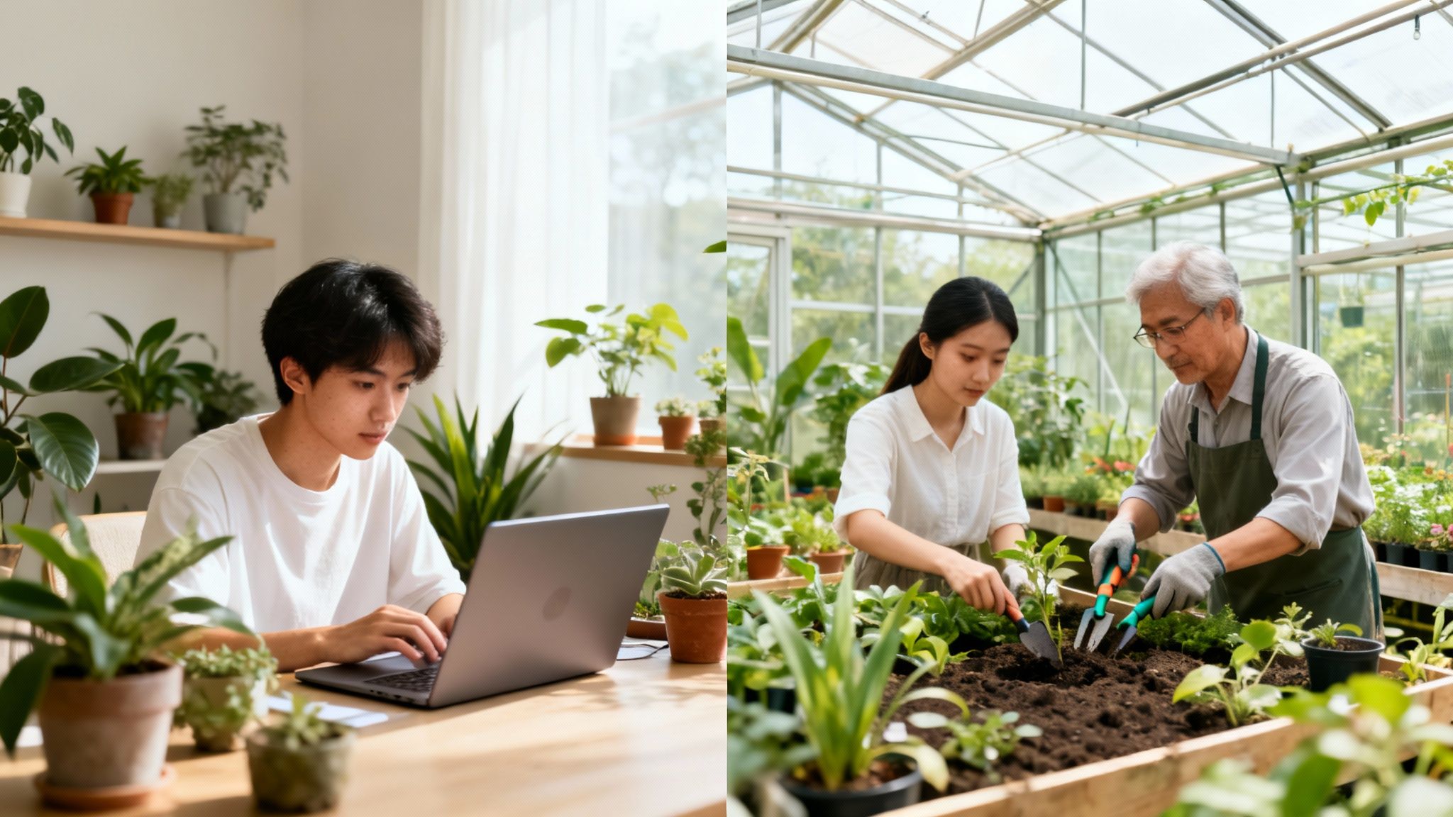 A young man uses a laptop, while an older man and young woman garden in a greenhouse.