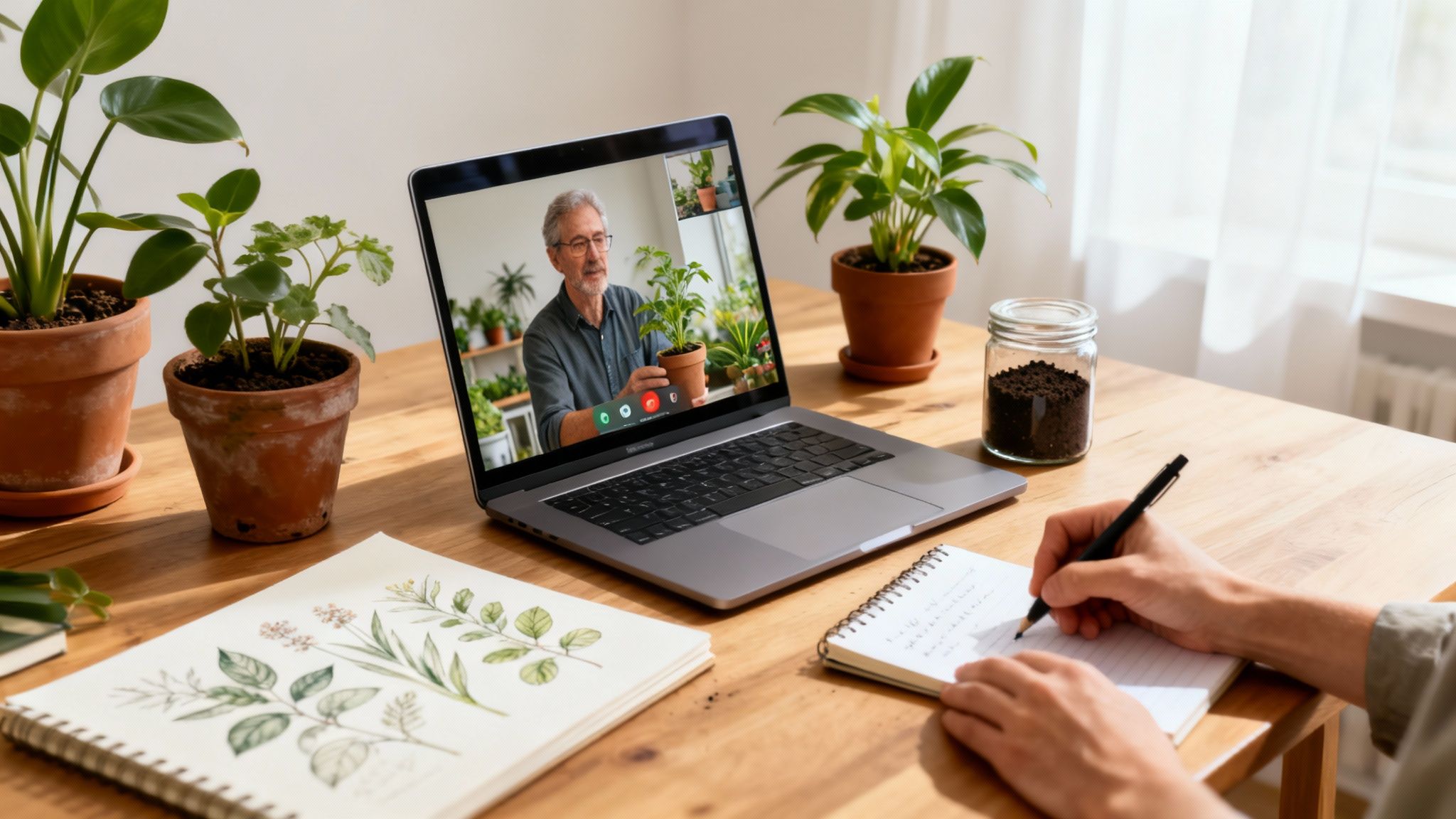 Person taking notes during an online horticulture video call, surrounded by potted plants.