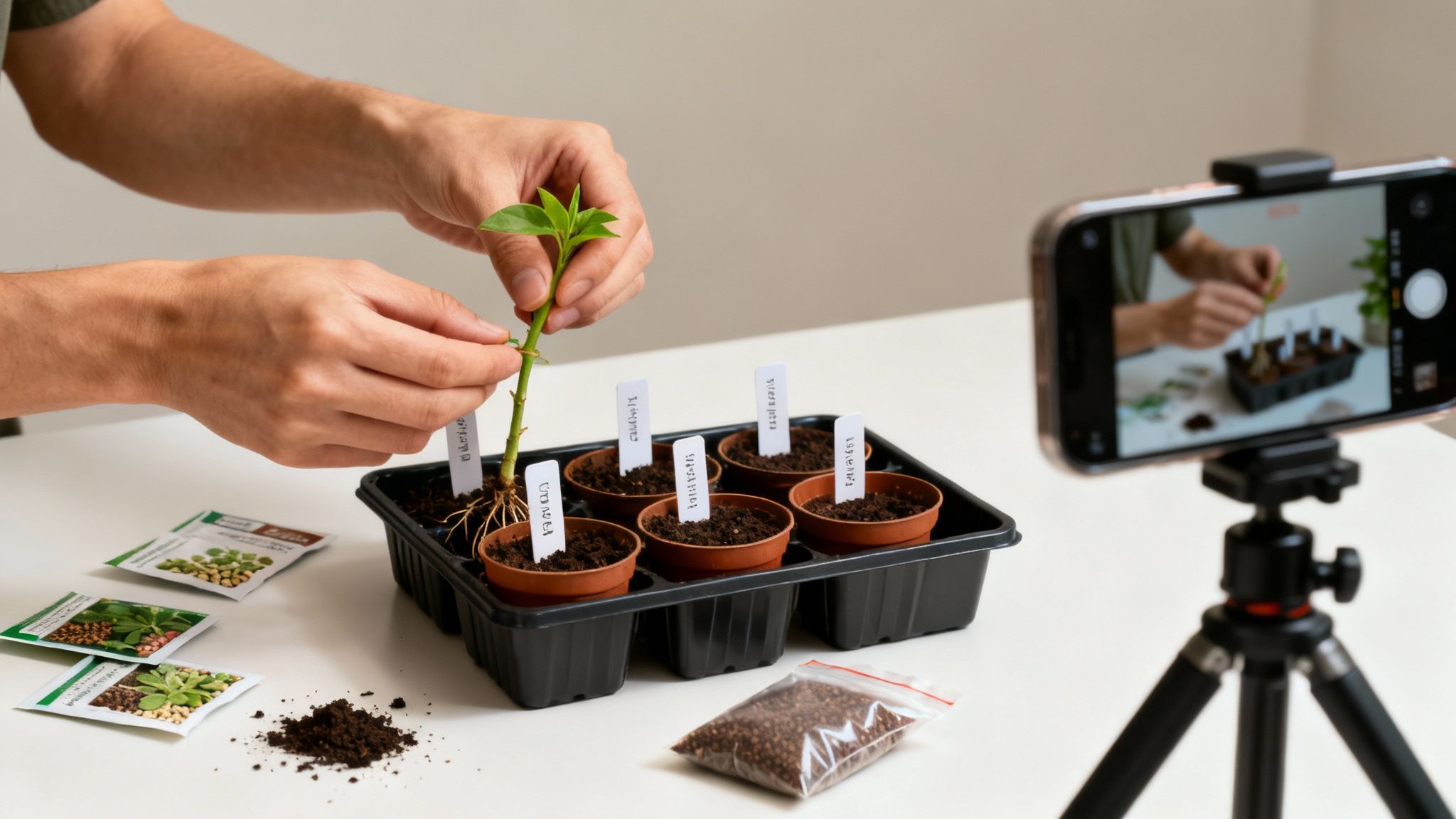 Hands tending to a seedling in a pot, being recorded by a smartphone for an online gardening course.