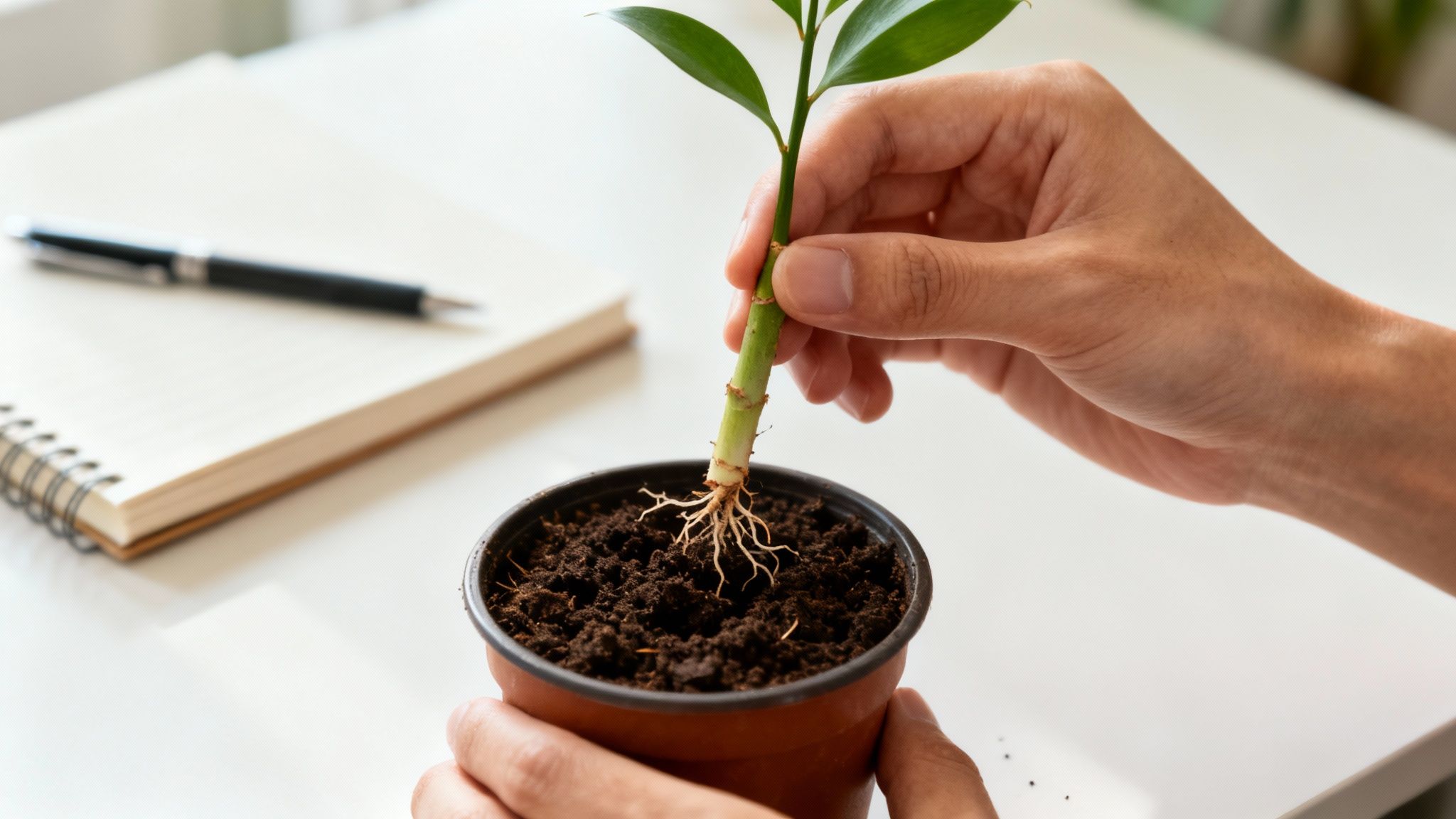 Hands hold a plant cutting with visible roots over a small pot of soil, ready for planting.