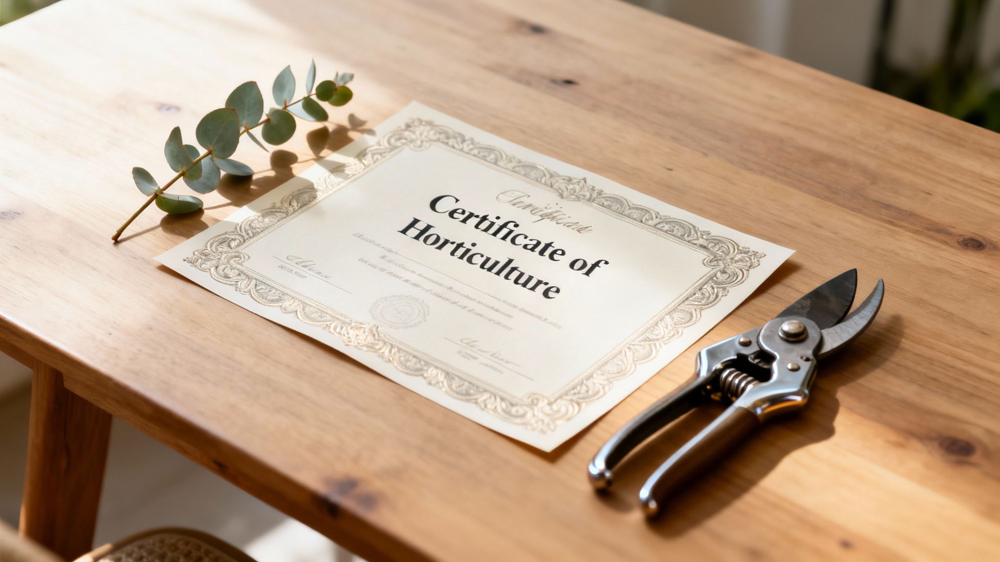 A Certificate of Horticulture lies on a wooden table with a eucalyptus branch and gardening shears.