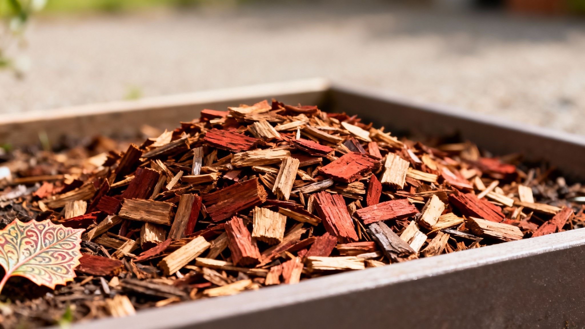 A close-up view of red and natural wood chips piled high in a raised garden bed, with a decorative leaf.