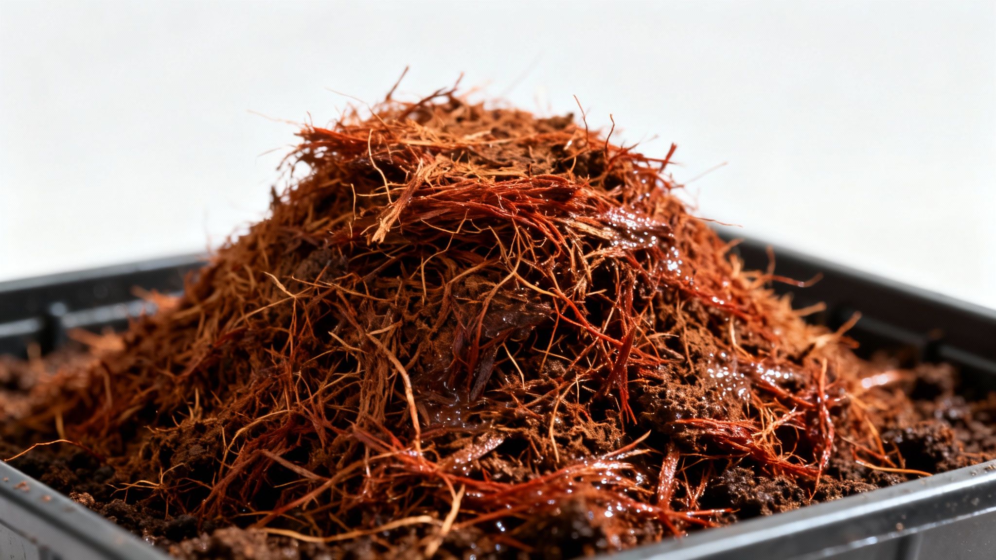 Close-up of moist reddish-brown organic mulch or fibrous soil amendment in a black tray.