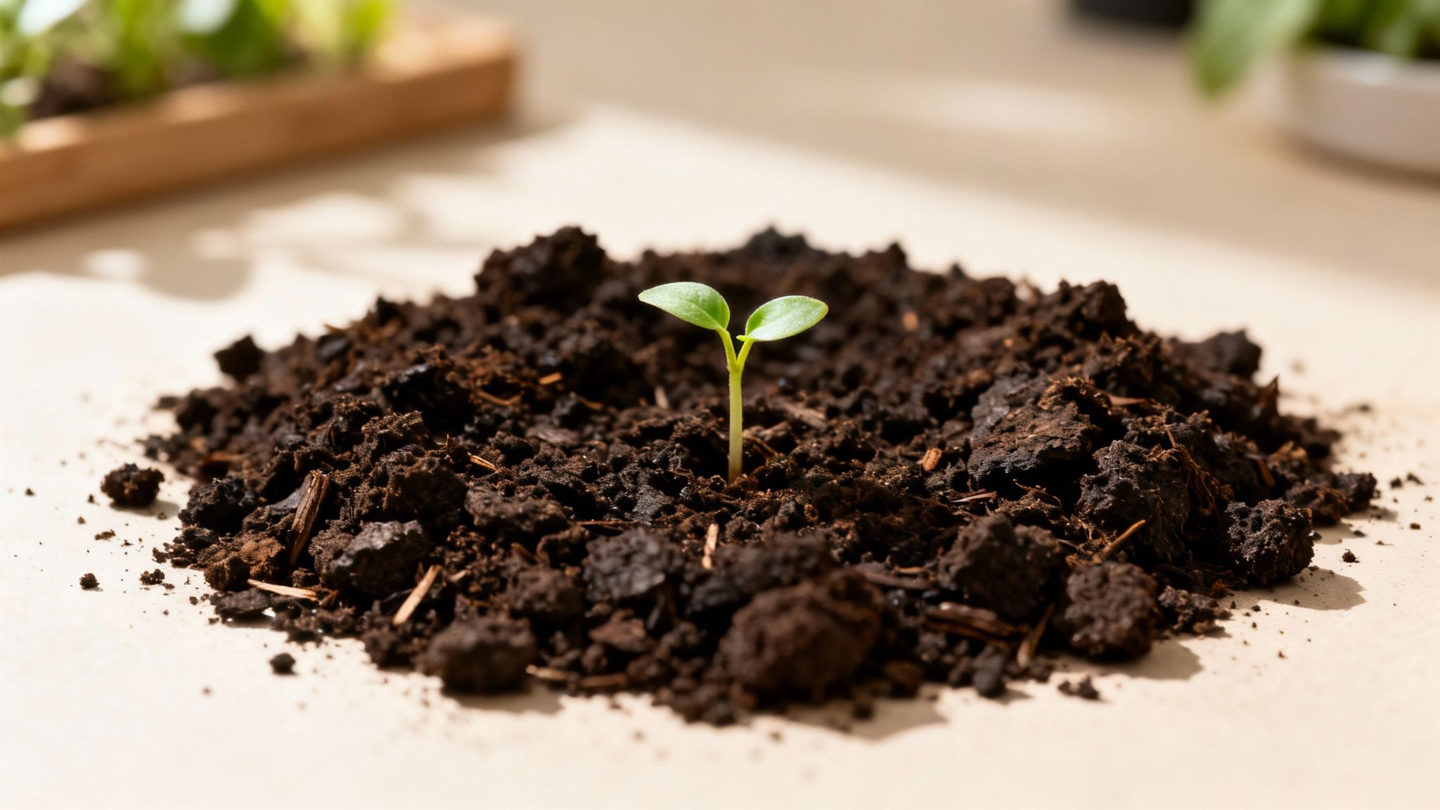 A small, vibrant green sprout with two leaves growing in a mound of rich dark soil.