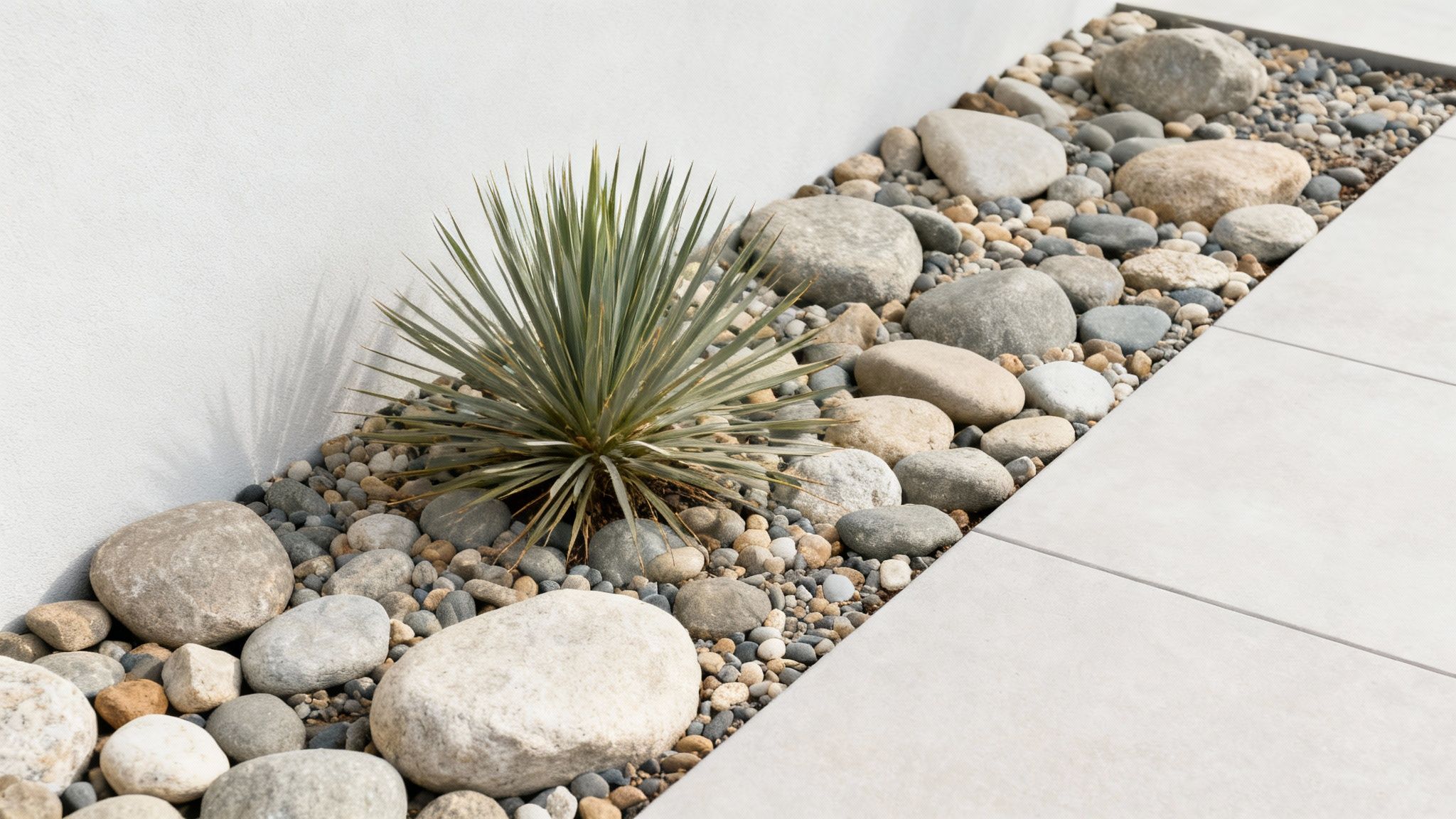A yucca plant thrives among various river rocks, bordering a white wall and modern patio.