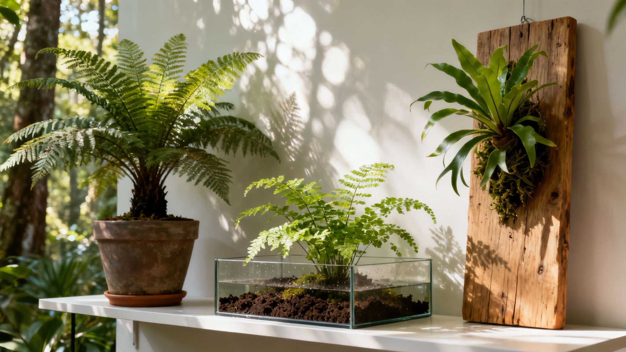 A collection of ferns, including a potted fern, a terrarium, and a wall-mounted plant, in a sunlit room.