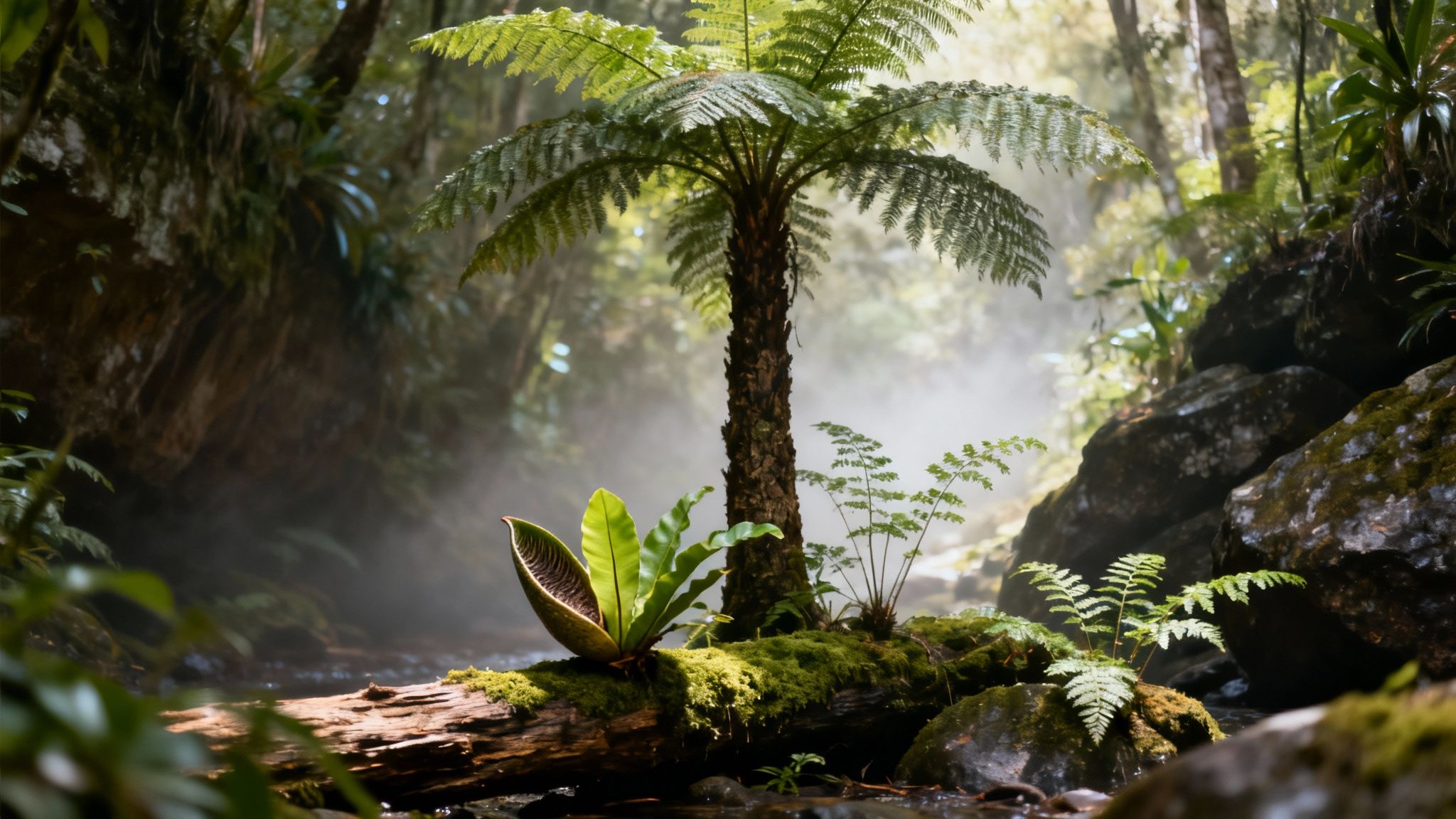 Lush rainforest scene with a large tree fern, mossy log, and small stream in mystical light.