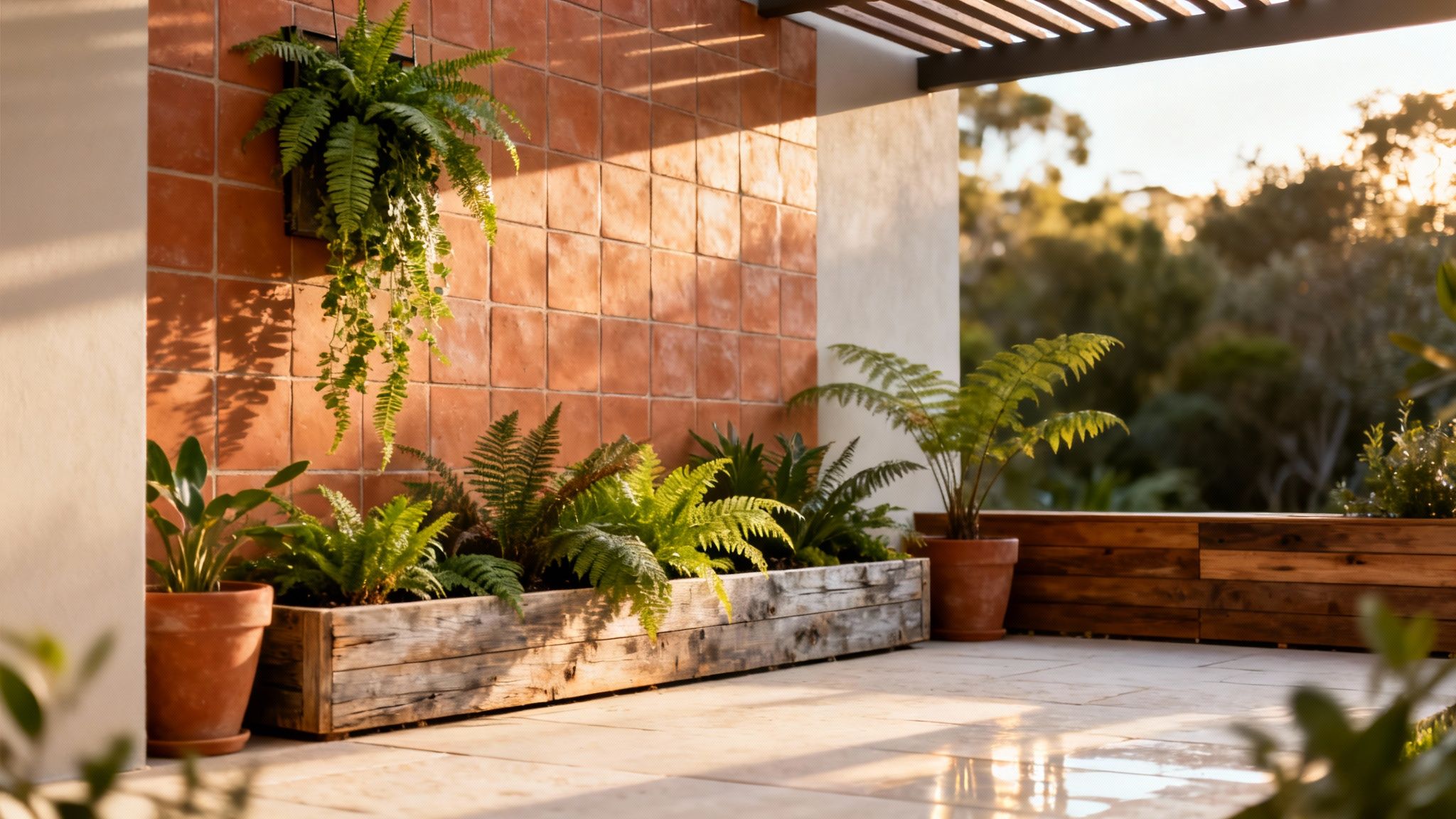 A sunlit outdoor patio featuring terracotta wall tiles, wooden planters, and lush ferns.