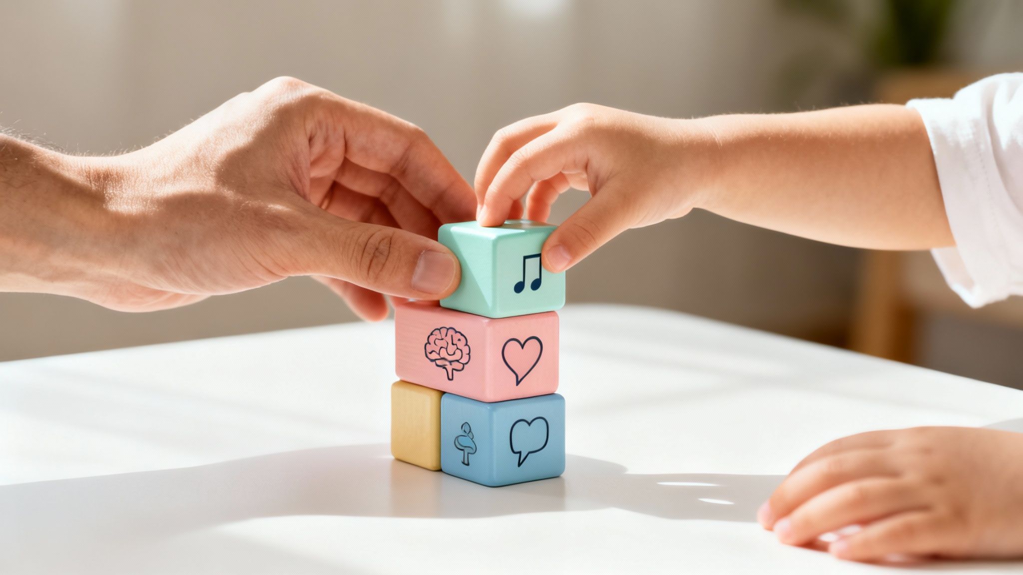 Adult and child hands stack colorful wooden blocks with symbols representing child development.