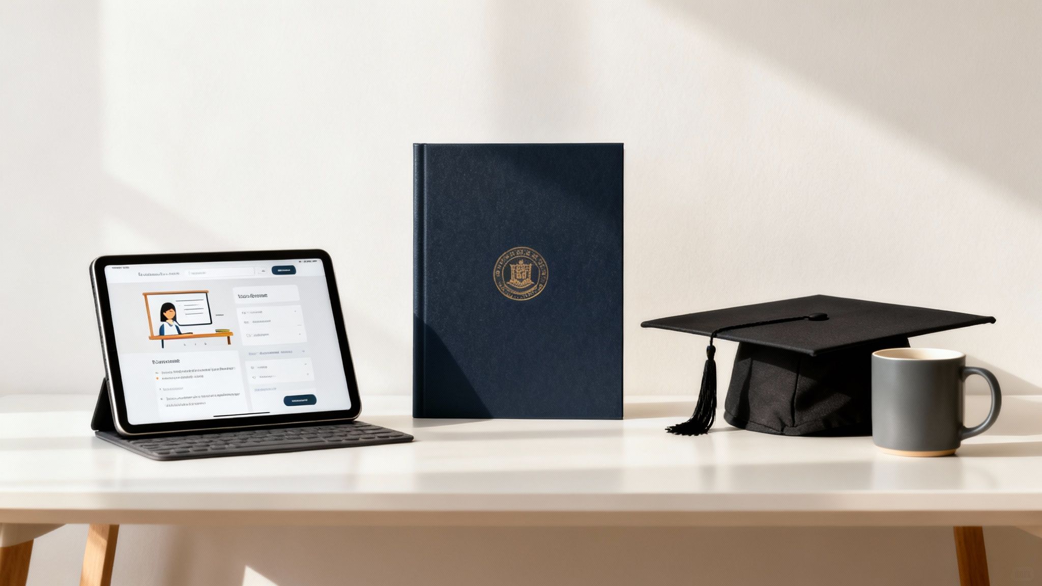 A graduation cap, diploma, and tablet with an online course on a white desk, symbolizing education.
