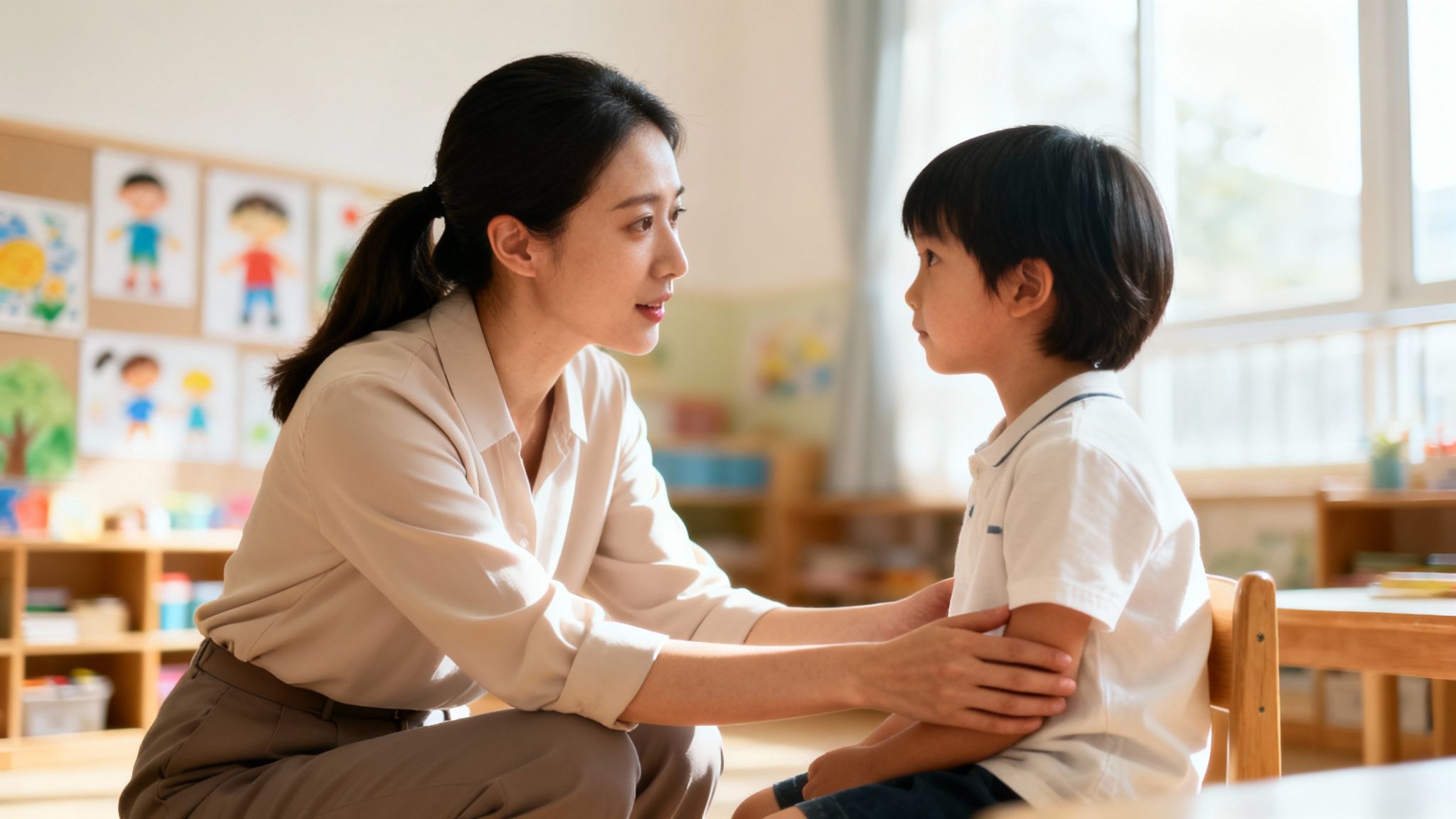 A kind female teacher kneels to talk with a young boy in a sunny classroom, offering support.
