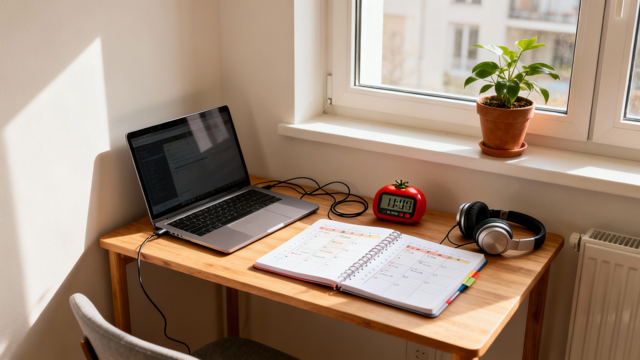 A bright home office setup with a laptop, planner, headphones, and a plant on a wooden desk.