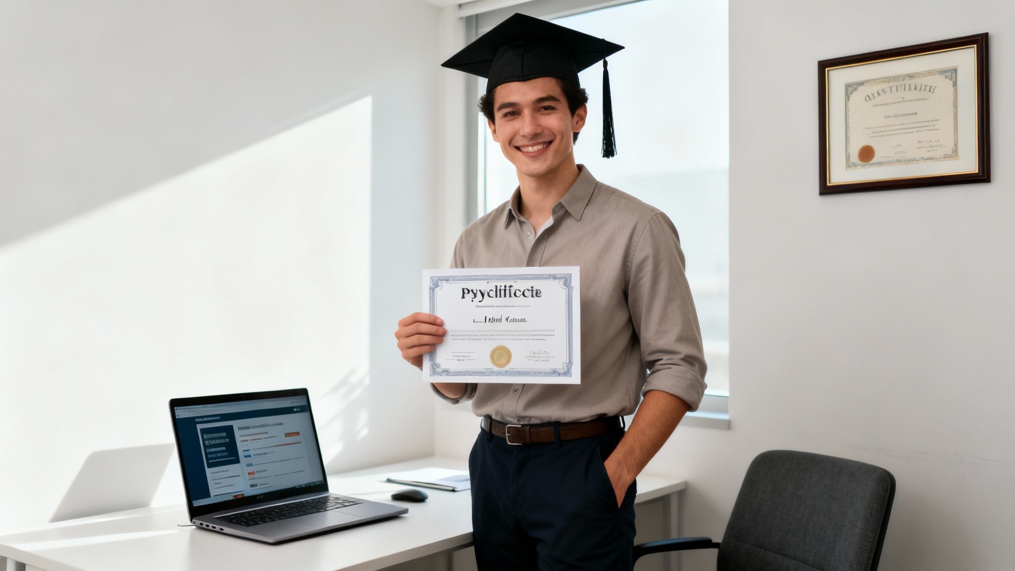 A happy young man in a graduation cap smiles, holding his certificate in an office setting.