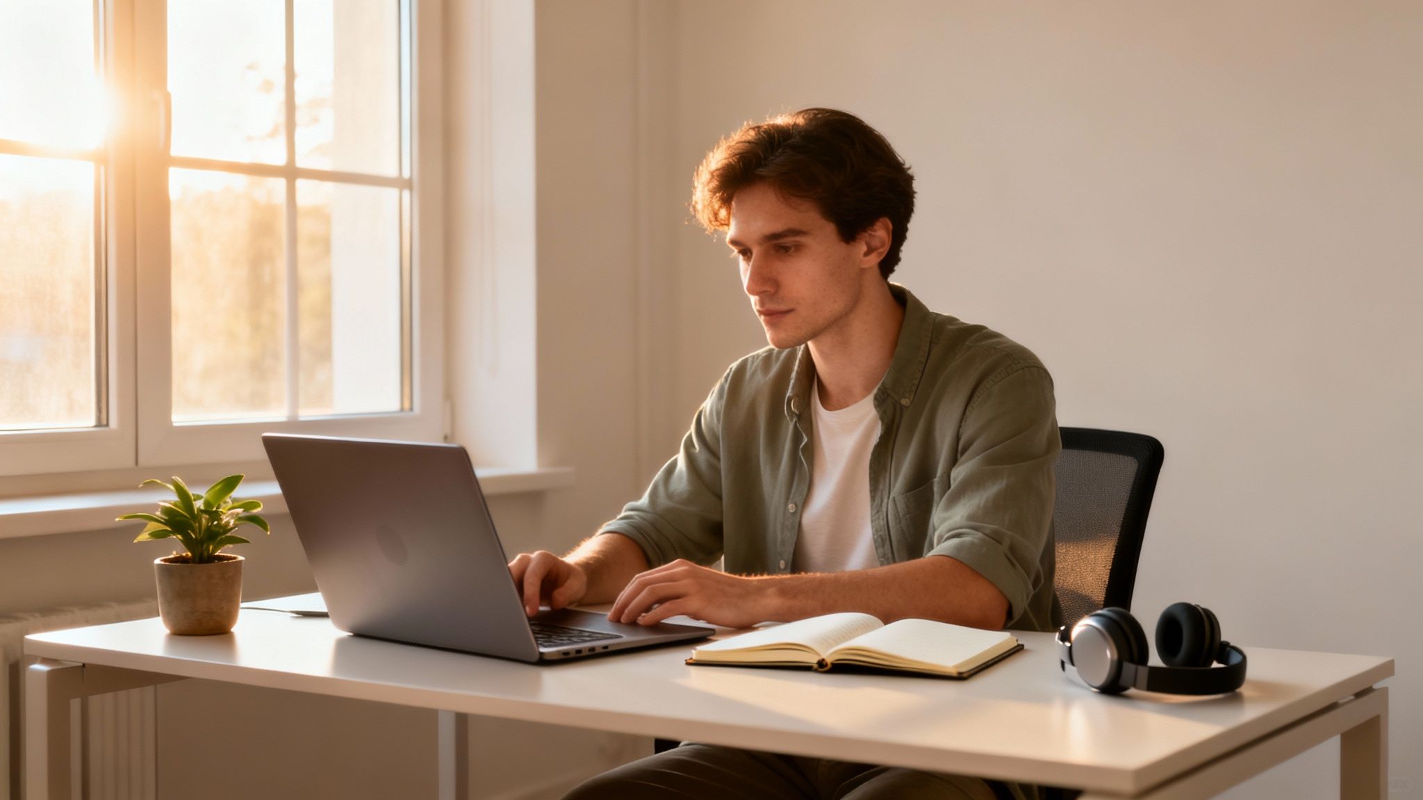 Young man working on a laptop at a sunny home office desk with a plant and notebook.