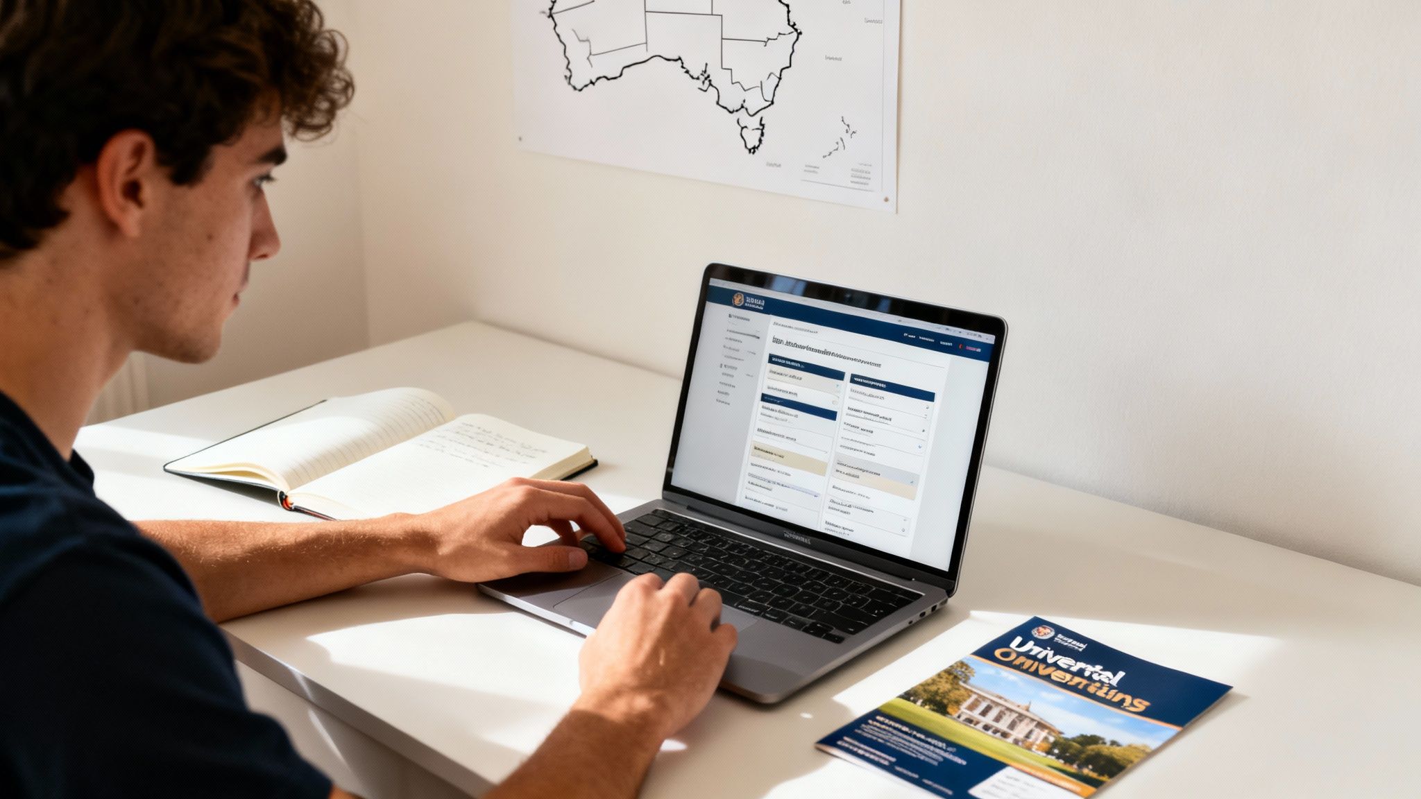 A young man with curly hair studying at a desk, looking at his laptop.