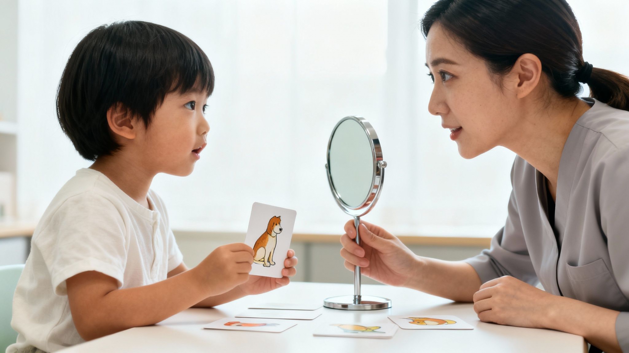 A speech therapist helps a young boy with speech development using flashcards and a mirror.