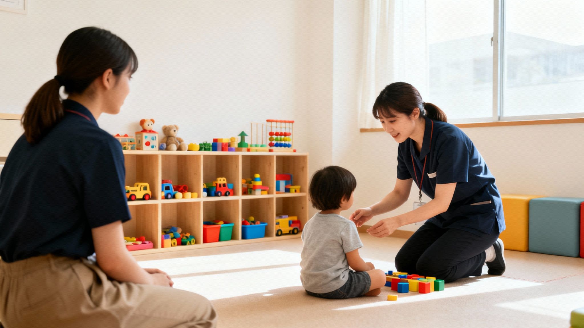 An adult helps a child play with colorful blocks on the floor in a bright room.