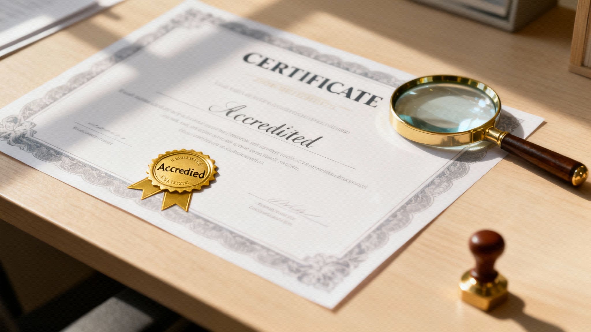 An 'Accredited' certificate with a golden seal, a magnifying glass, and a stamp on a wooden desk.