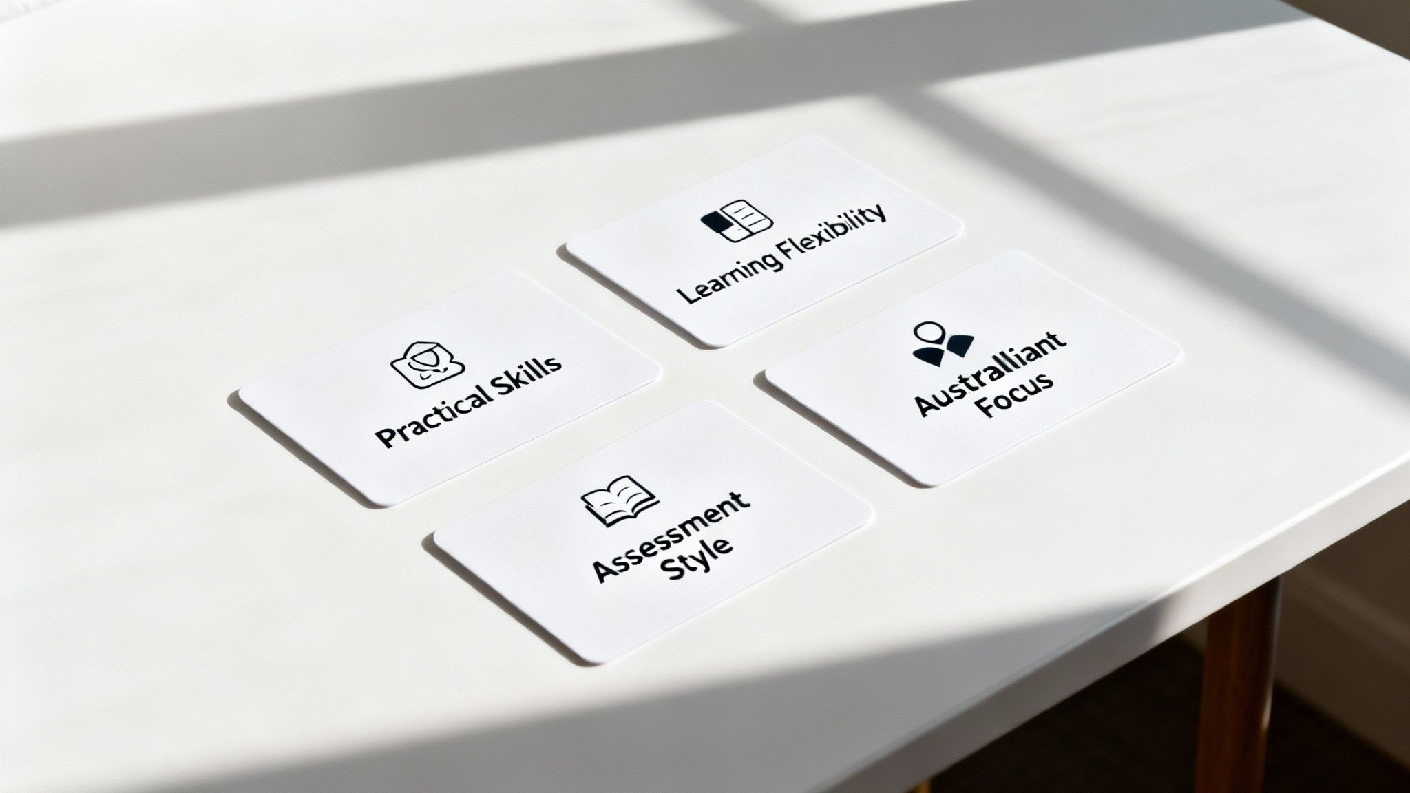 Four white cards displaying learning concepts like Practical Skills and Learning Flexibility on a table.
