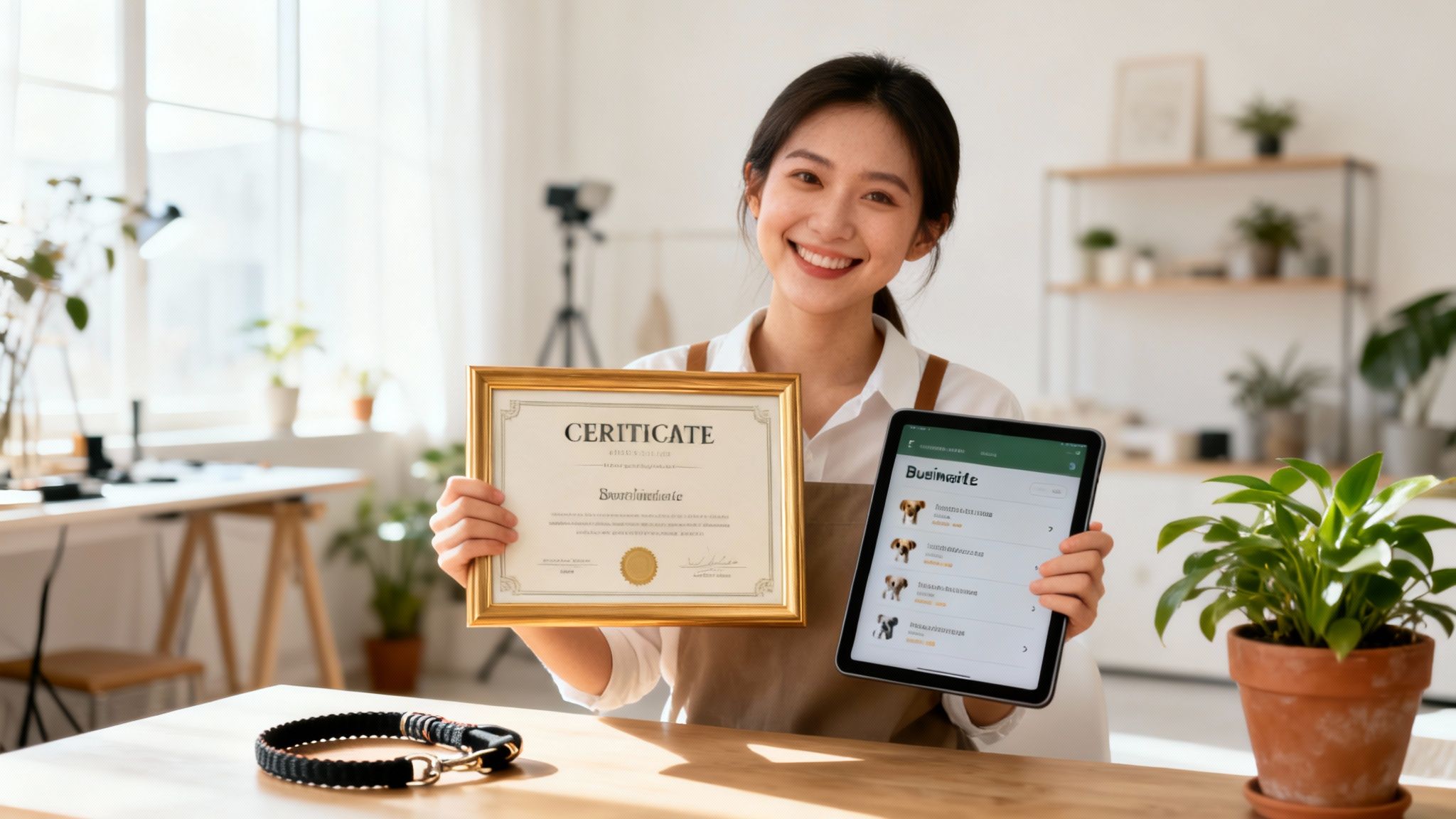 A smiling Asian woman holds an achievement certificate and a tablet displaying dog profiles, showcasing her online pet business success.