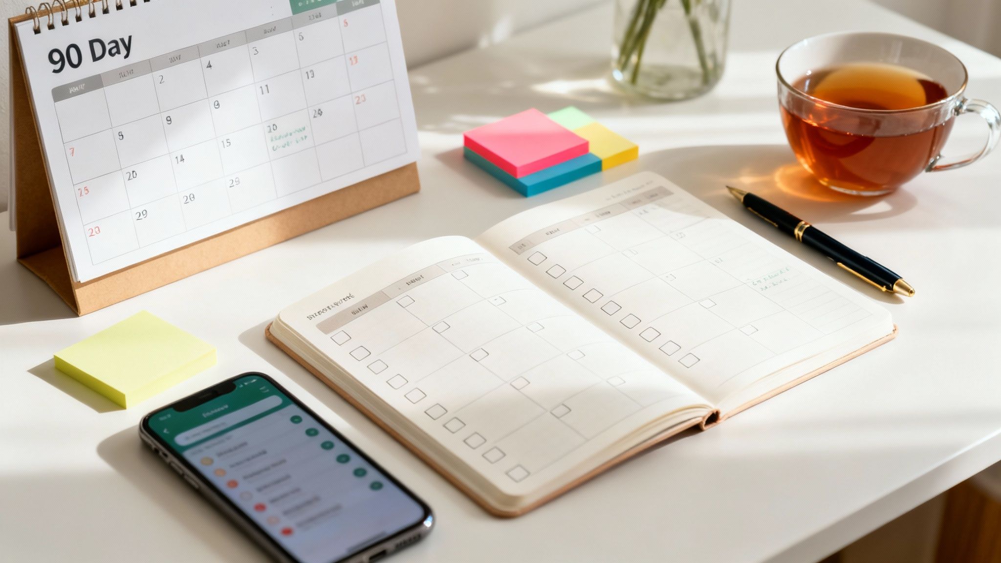 A bright desk scene featuring a 90-day calendar, open planner, sticky notes, phone, and tea.