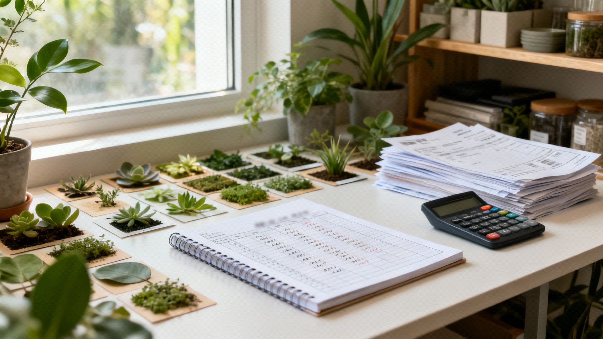 A brightly lit desk featuring numerous small plants, a calculator, and a notebook for planning.