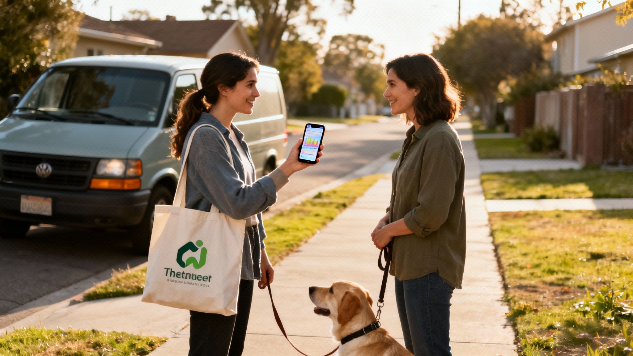 A woman shows data on a phone to another woman on a sidewalk, next to a dog and van.