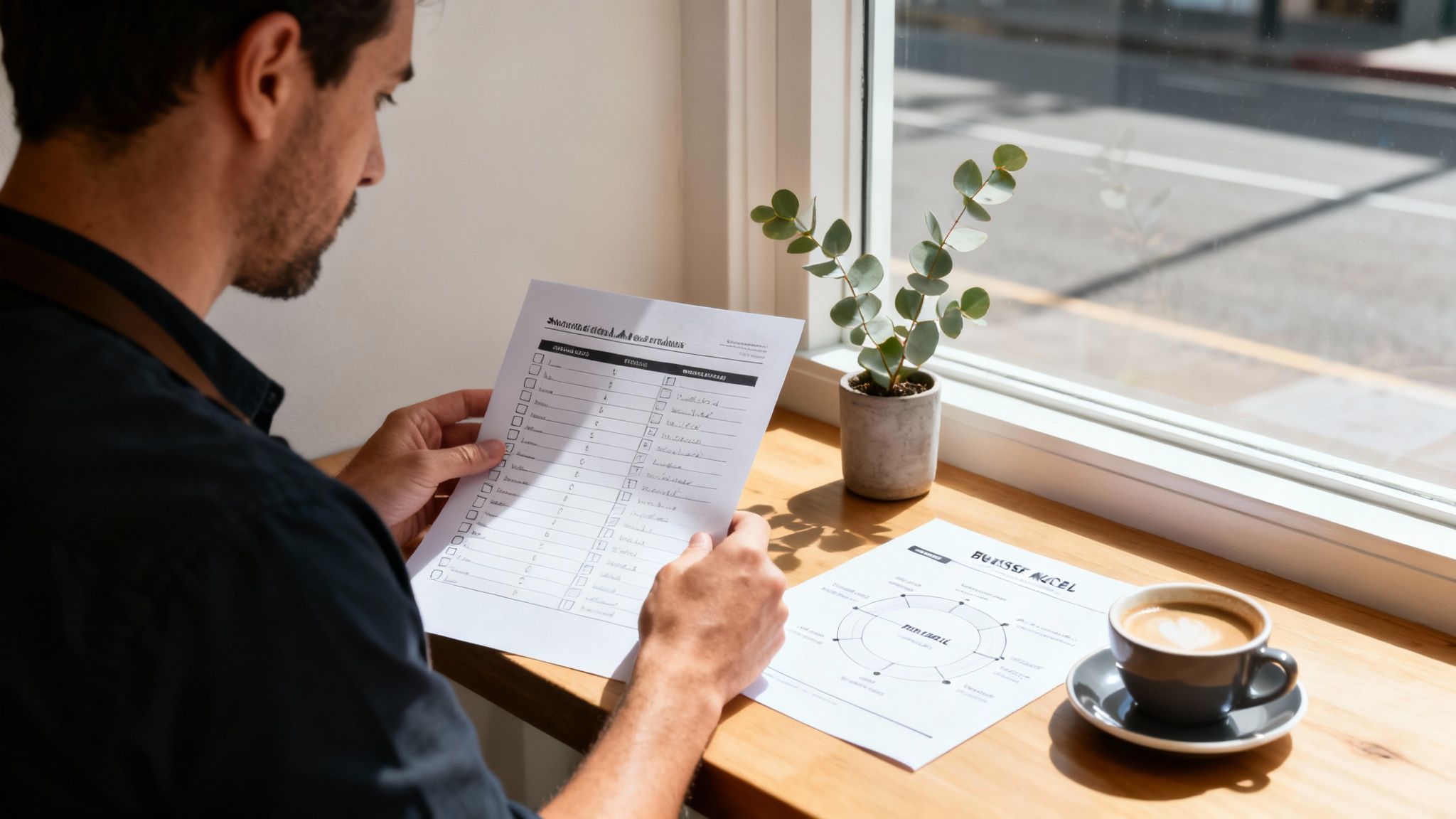 A man reviews business documents and a checklist at a sunny cafe table, with coffee and a plant.