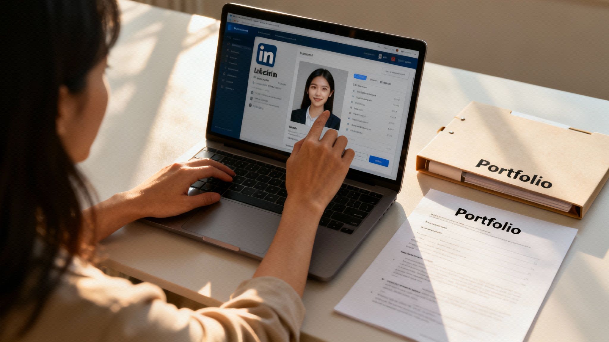 A person reviews a LinkedIn profile on a laptop, with portfolio documents beside it.