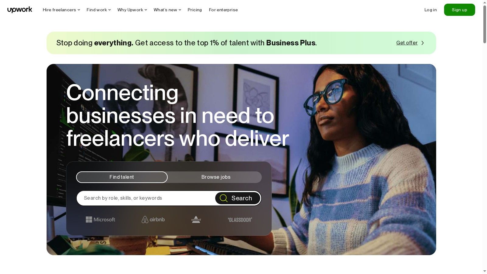 Upwork homepage showcasing freelance opportunities
