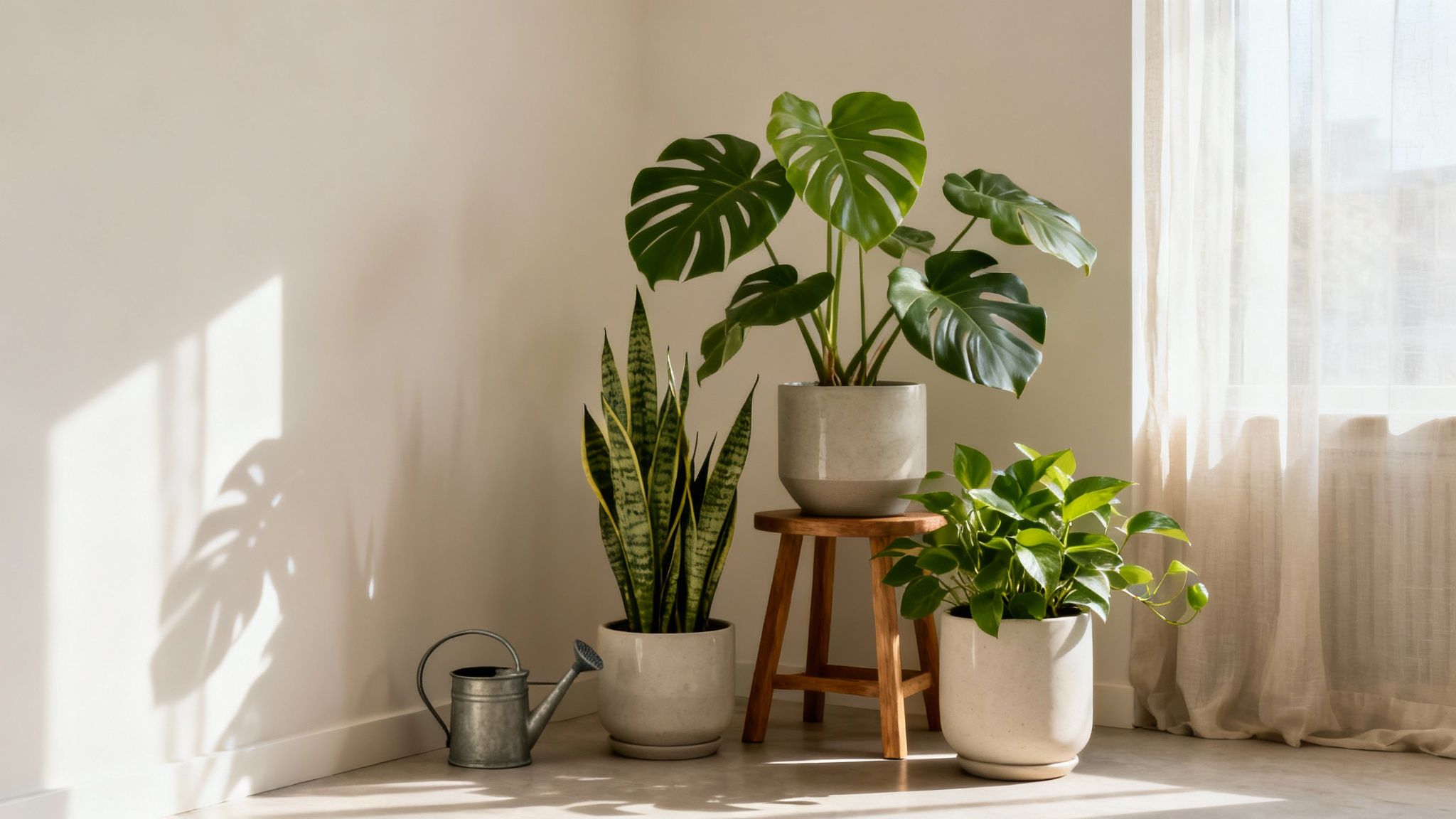 Three lush potted green houseplants in a sunlit room corner with a watering can.