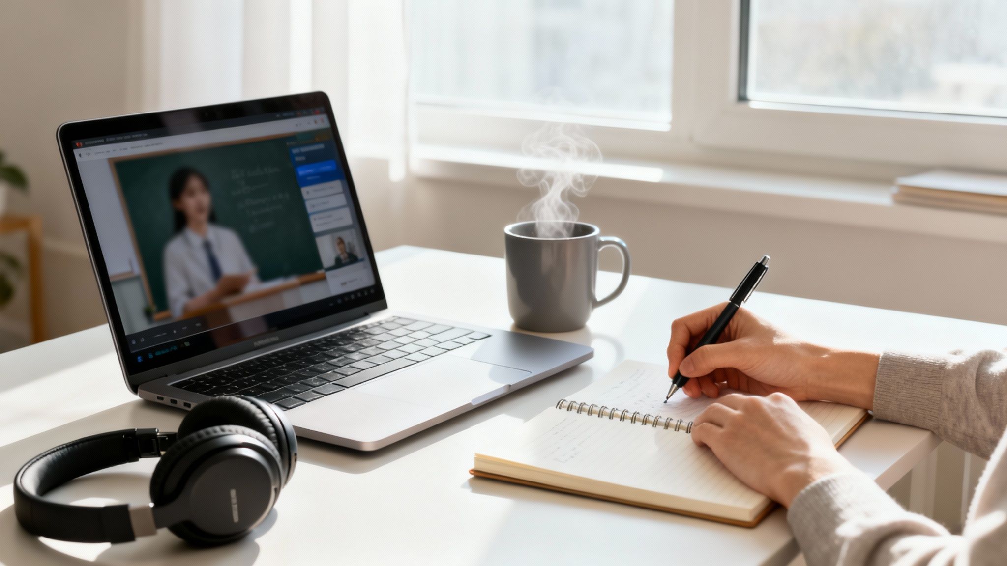 A person takes notes from an online class on a laptop, with headphones and a steaming mug.