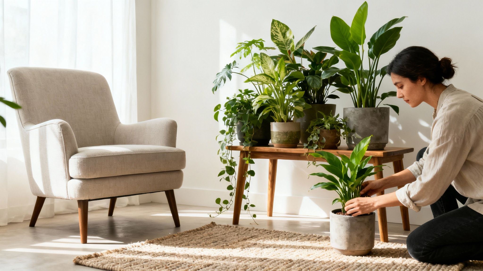 A woman tending to houseplants in a sunny, minimalist living room with an armchair and a plant-filled bench.