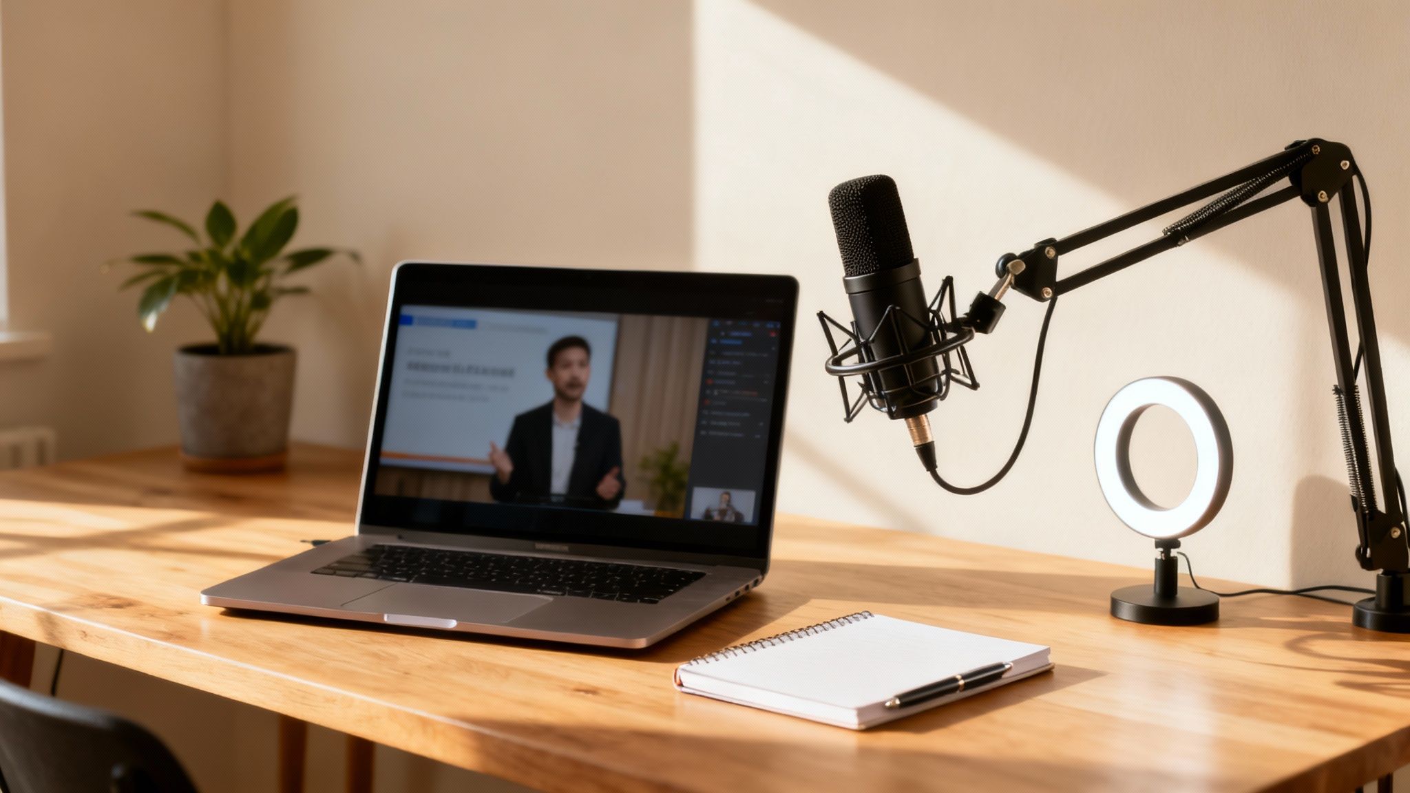 A home office desk with a laptop displaying a video call, a microphone, ring light, notebook, and plant.