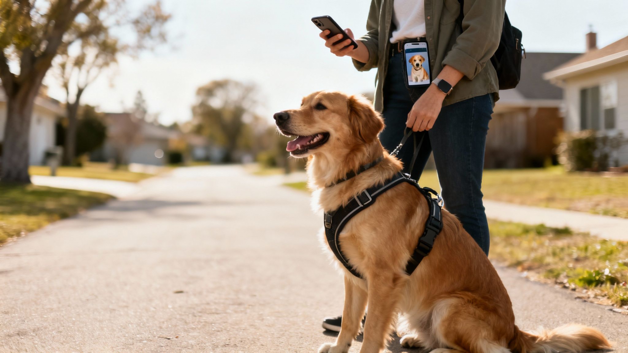 A person walking a happy golden retriever on a leash down a sunny residential street, holding a smartphone.