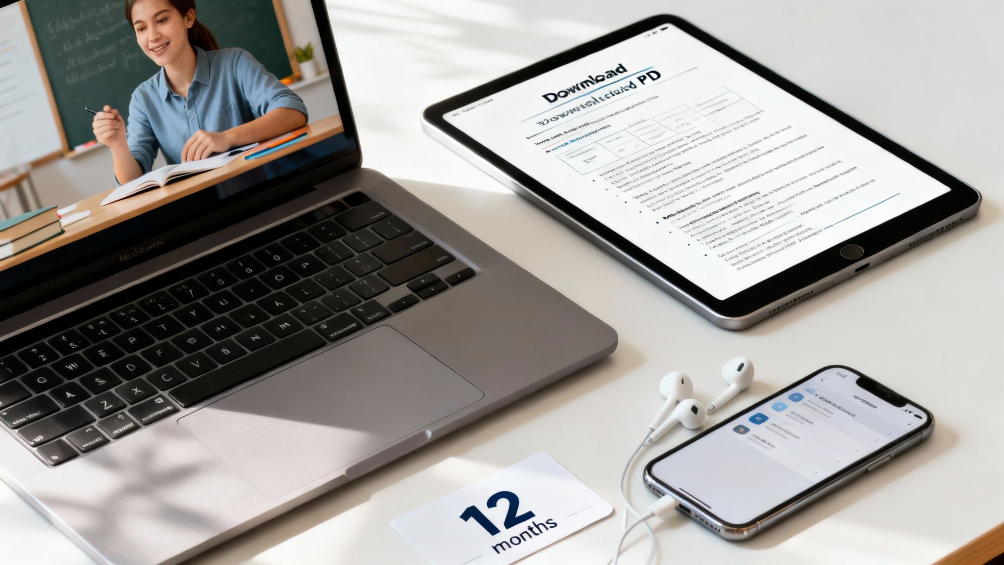 A home office desk setup with a laptop showing a student, tablet, smartphone, and earbuds.