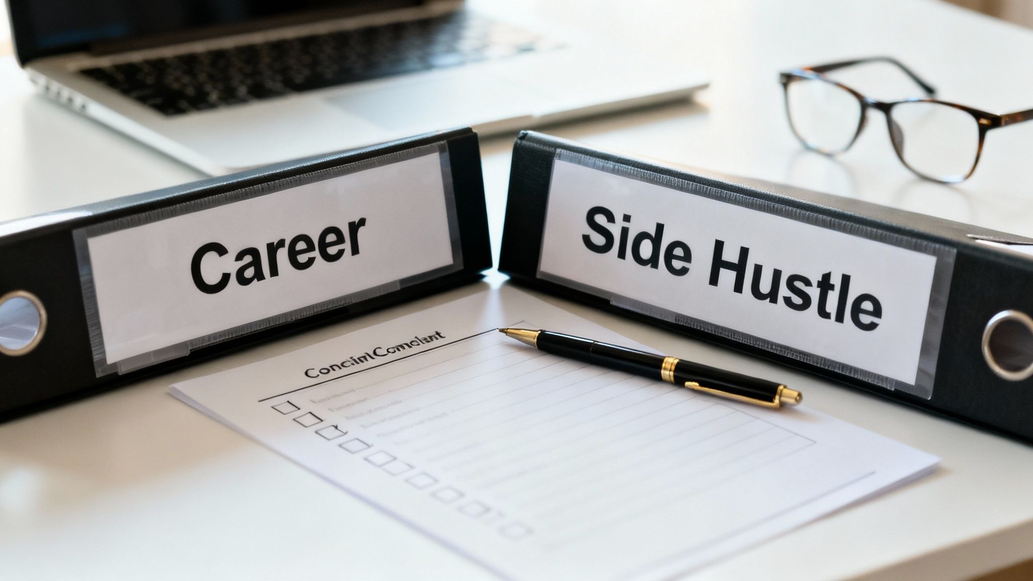 Two binders, labeled 'Career' and 'Side Hustle', on a desk with a checklist and pen.