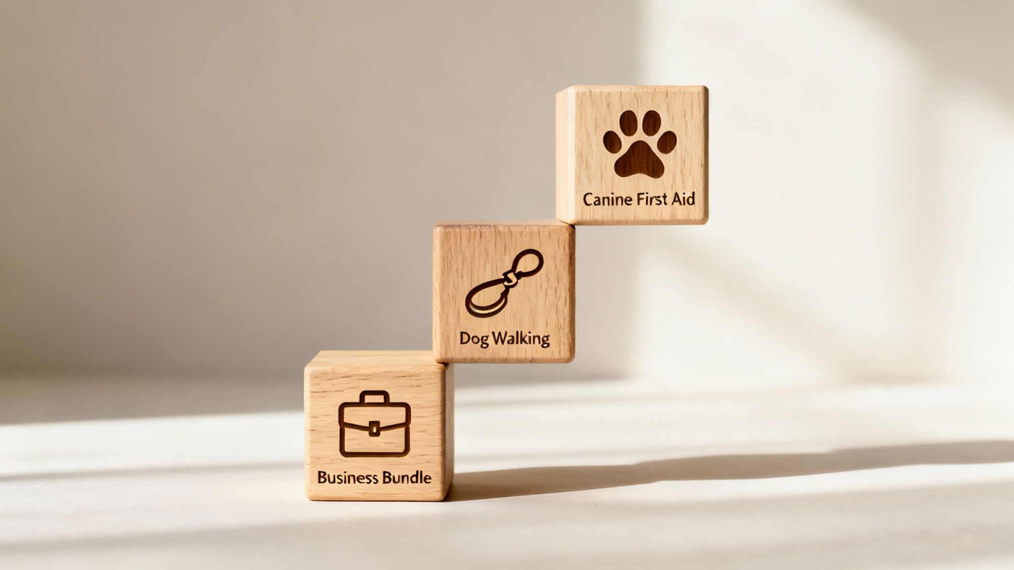 Three wooden blocks stacked like steps, displaying icons and text for 'Business Bundle', 'Dog Walking', and 'Canine First Aid' courses.