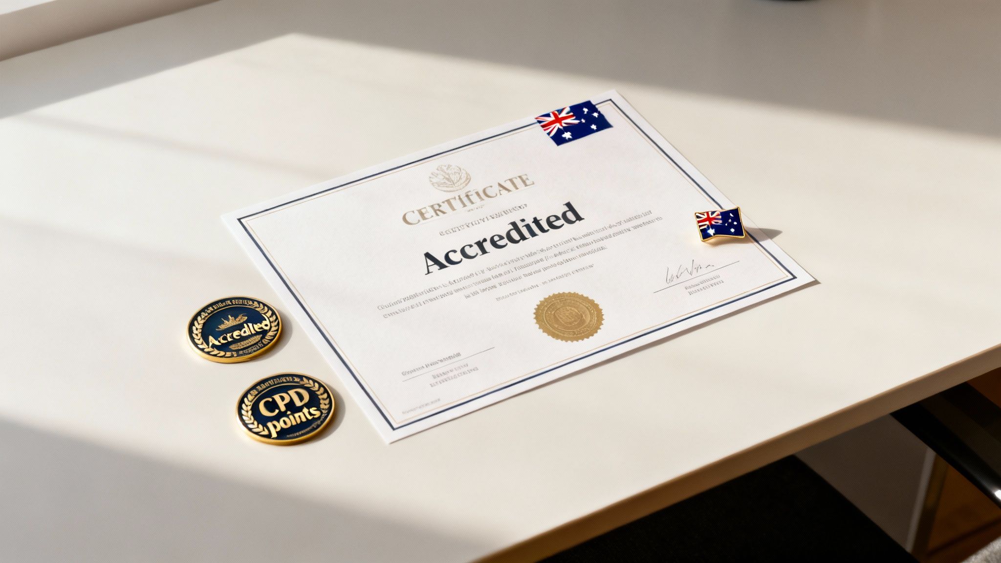 An accredited certificate with an Australian flag pin and two pins, one saying 'Accredited' and another 'CPD points', on a white table.