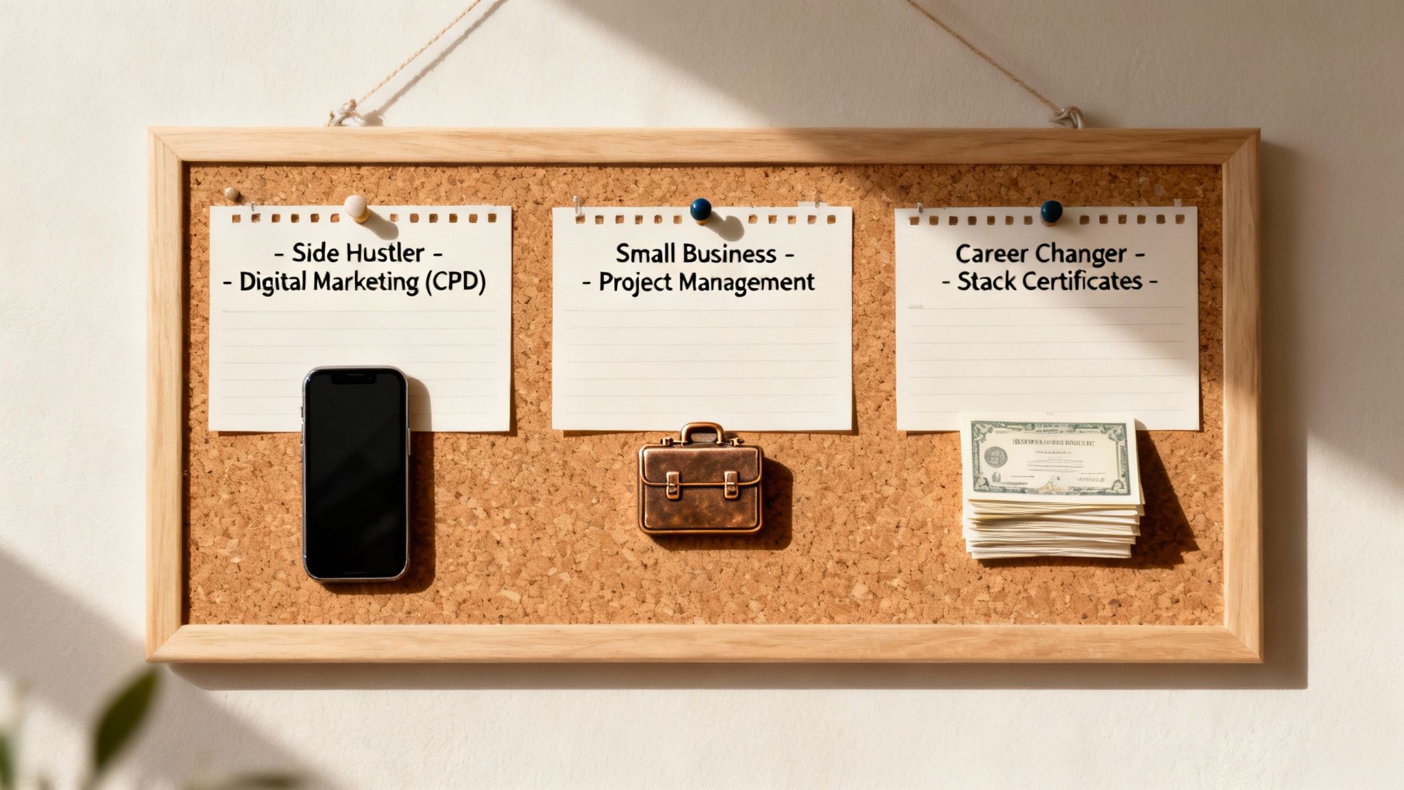 A cork board with notes on 'Side Hustler', 'Small Business', and 'Career Changer' next to a phone, briefcase, and stack of certificates.