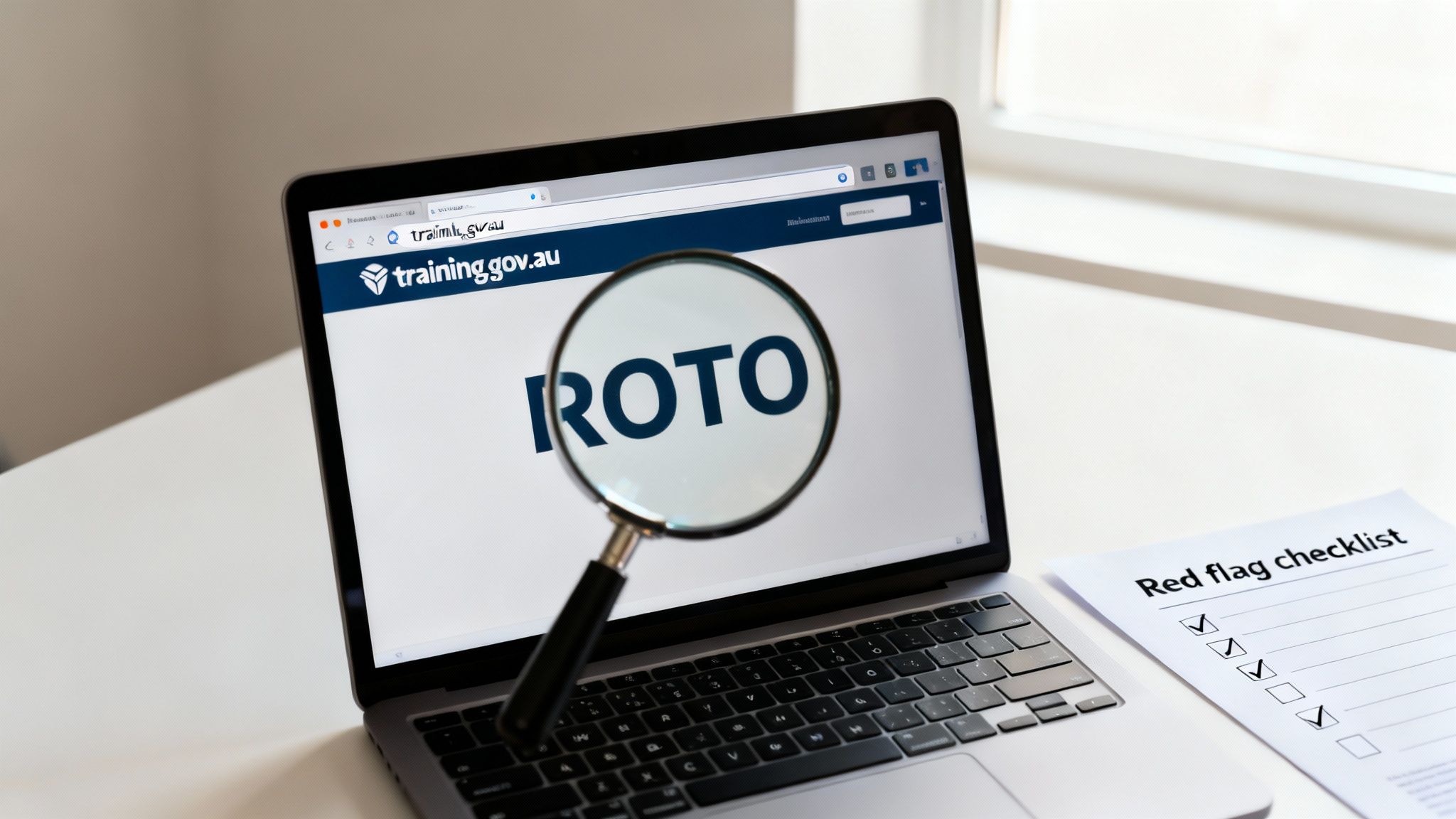 Magnifying glass over a laptop screen displaying a training website and a 'Red flag checklist'.