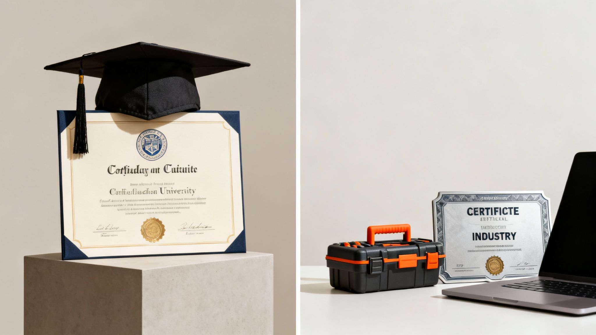 A graduation cap and university diploma next to a toolbox and an industry certificate with a laptop.