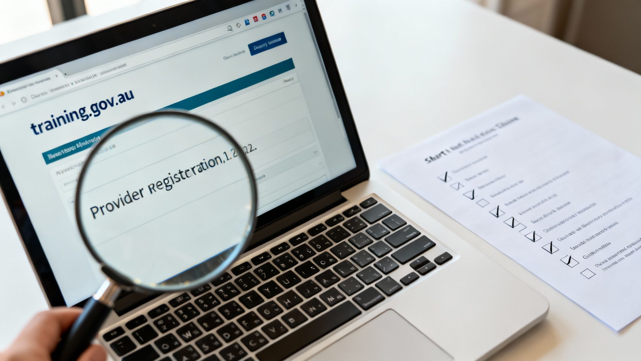 A magnifying glass inspecting 'Provider Registration' on a training.gov.au website, with a checklist nearby.