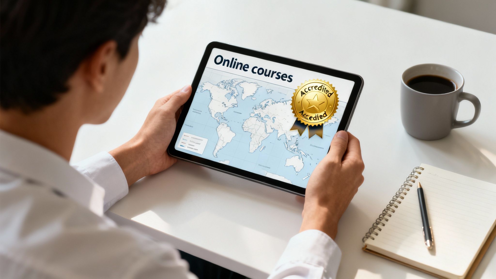 A person holds a tablet displaying a world map, 'Online courses', and an 'Accredited' seal.
