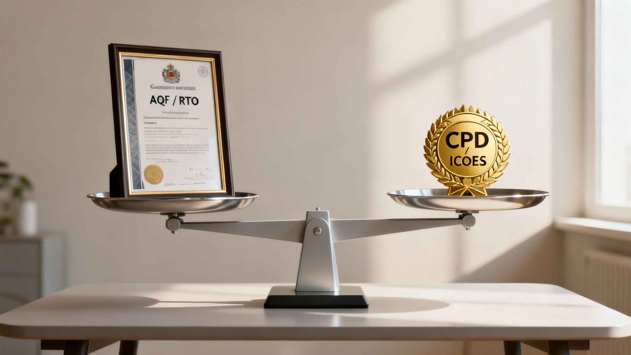 Balance scale comparing a framed AQF/RTO certificate with a golden CPD/ICOES emblem.